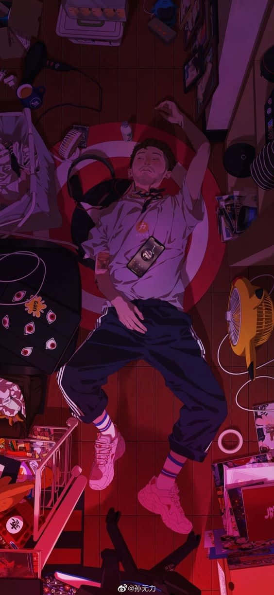 憂鬱動漫男孩沉思自己的煩惱 壁紙 — 一個年輕男子在昏暗的房間裡，紅光照耀下，安詳地睡在雜亂的地板上。