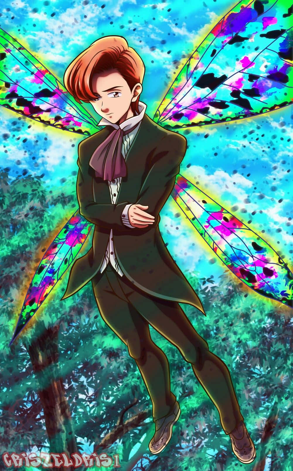Seven Deadly Sins King 桌布 壁紙 — 一位紅髮年輕男子帶著色彩繽紛的半透明翅膀，在閃爍的樹木間漂浮於充滿活力的天空下。