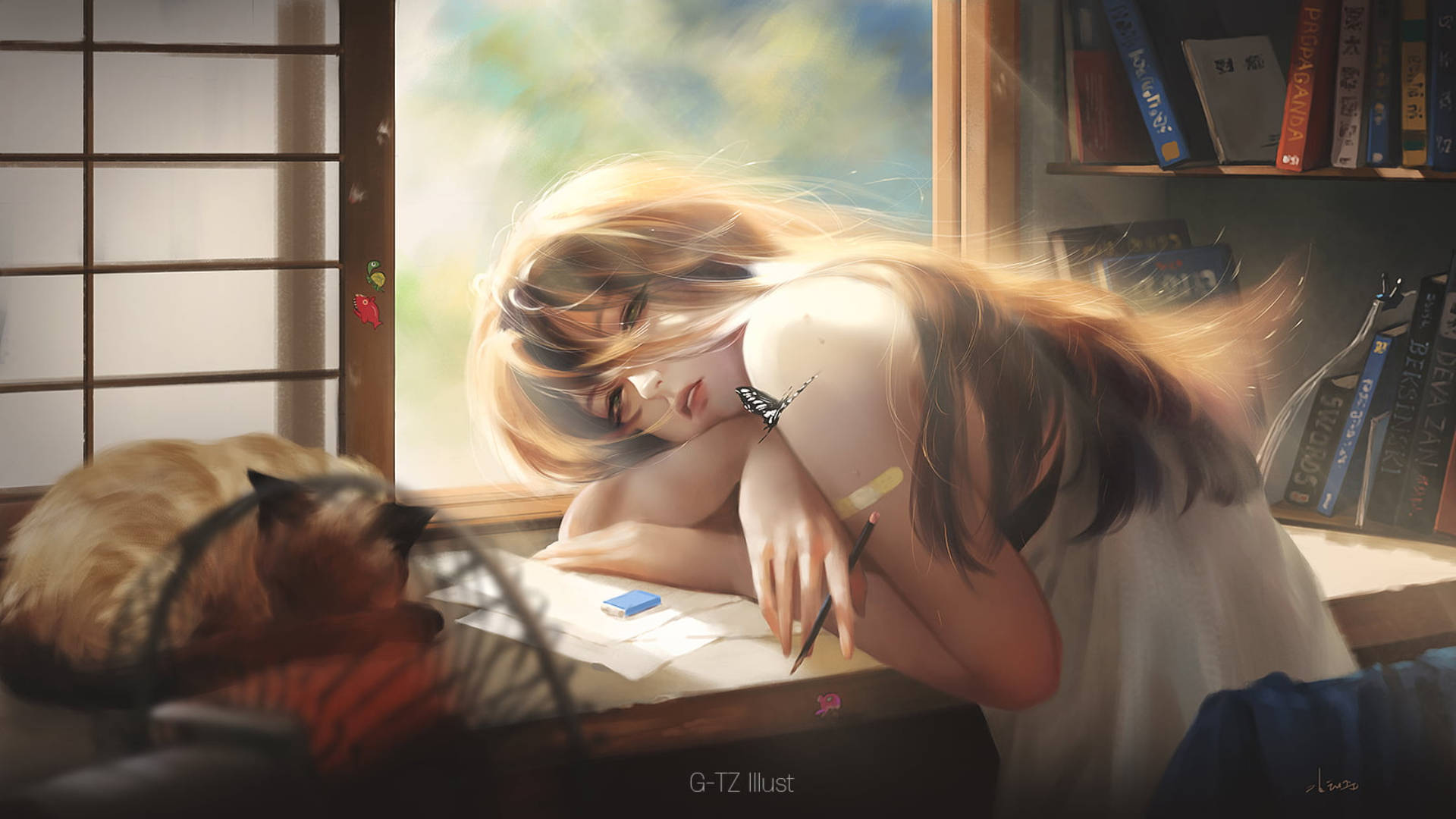 在陽光普照的窗邊書桌上，一位動漫女孩與貓咪一同入睡。