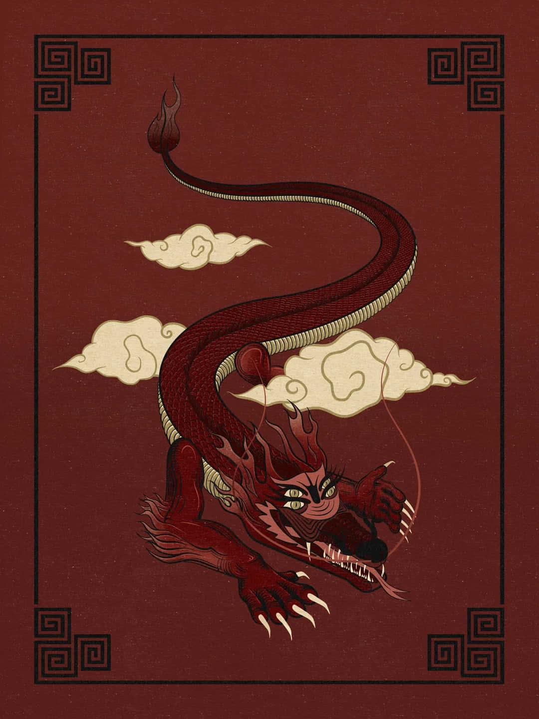  壁紙 — 一隻兇猛的紅龍，有著發光的眼睛和鋒利的爪子，在奶油色的雲層中盤旋，背景是深栗色，由幾何邊框框住。