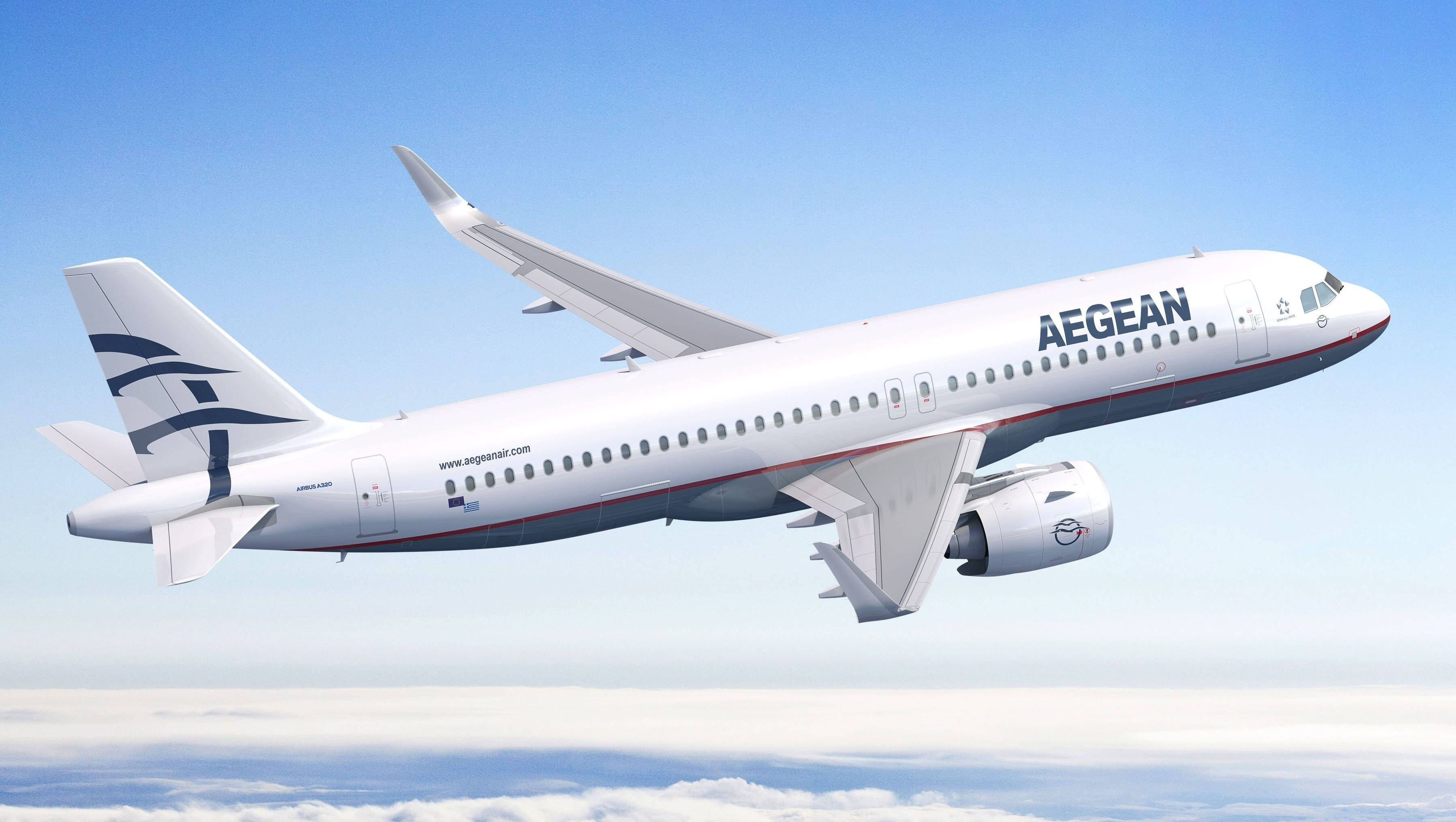 愛琴海航空A320neo飛越雲海 壁紙 — 一架白色的愛琴海航空客機在晴朗的藍天下平穩地翱翔於蓬鬆的白雲之上。