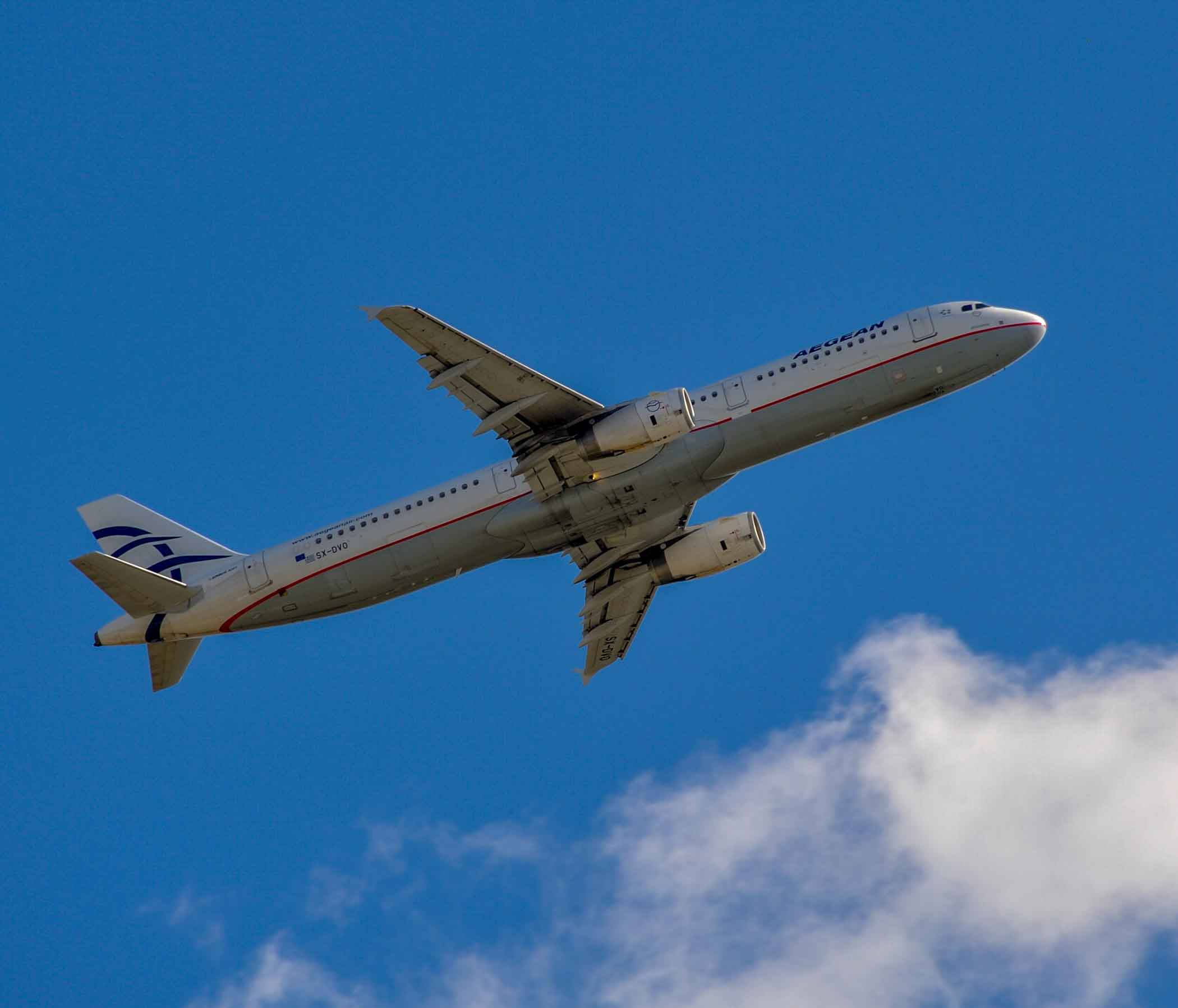 愛琴海航空旗艦空客A321neo低角度飛行 壁紙 — 俄羅斯航空飛機在清澈的藍天中翱翔，下方有蓬鬆的白雲。
