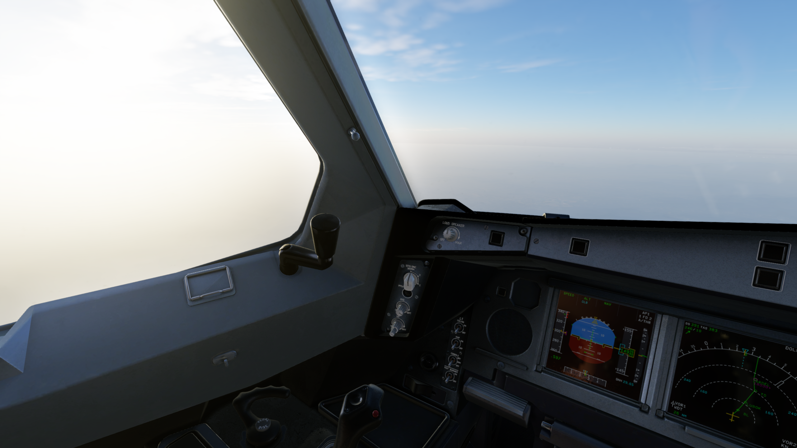 空中巴士A330日間駕駛艙 壁紙 — 從飛機駕駛艙俯瞰雲層之上的景色，清晰藍天和前景的儀表板。