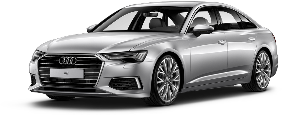 銀色奧迪A6轎車側面視圖 壁紙 — 一輛時尚的銀色奧迪A6轎車在純黑色背景下的影樓燈光中閃耀，展示其現代設計和合金輪圈。