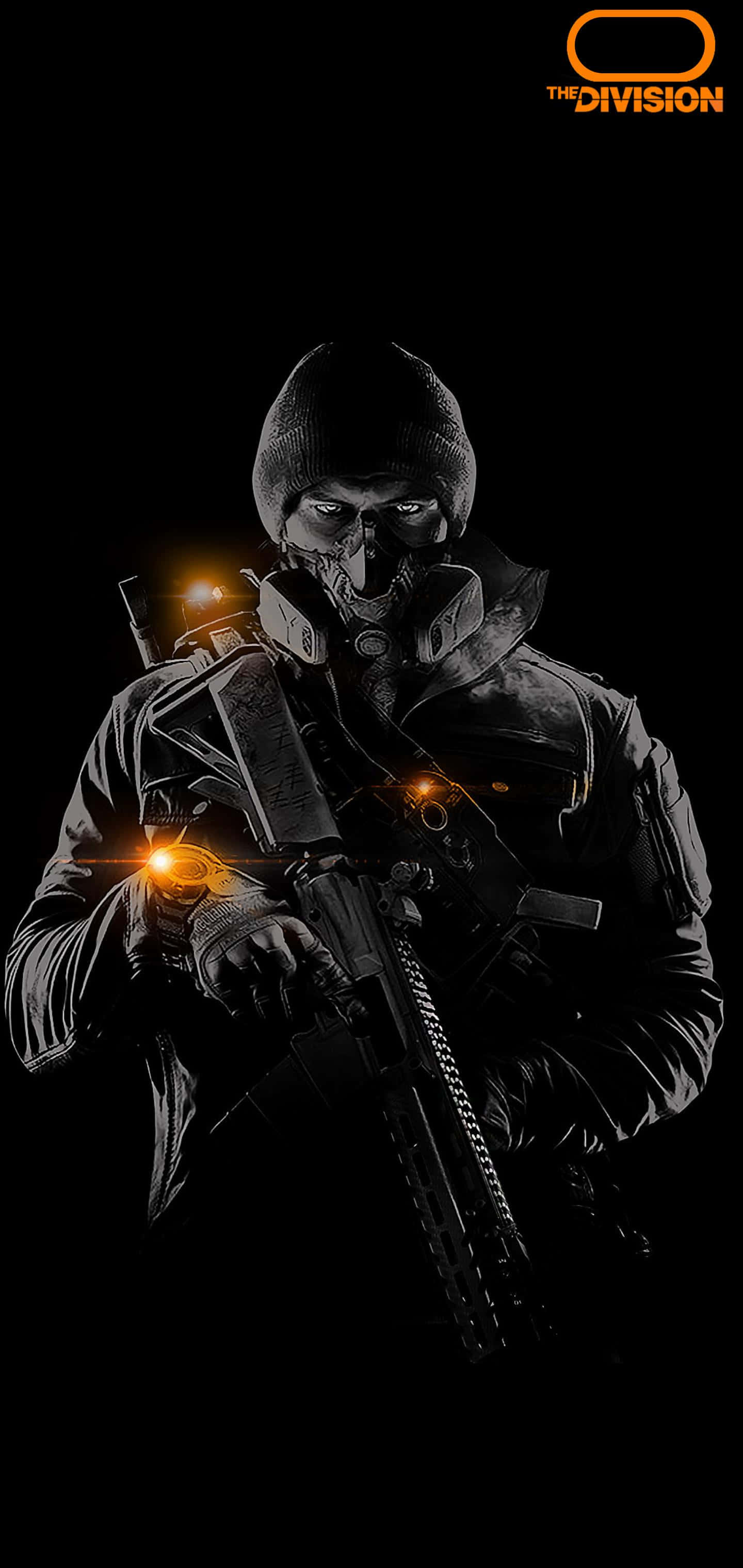 Aaron Android The Division 背景 壁紙 — 一名戴面具的士兵身穿戰術裝備，在黑色背景前手持發光的橙色武器。