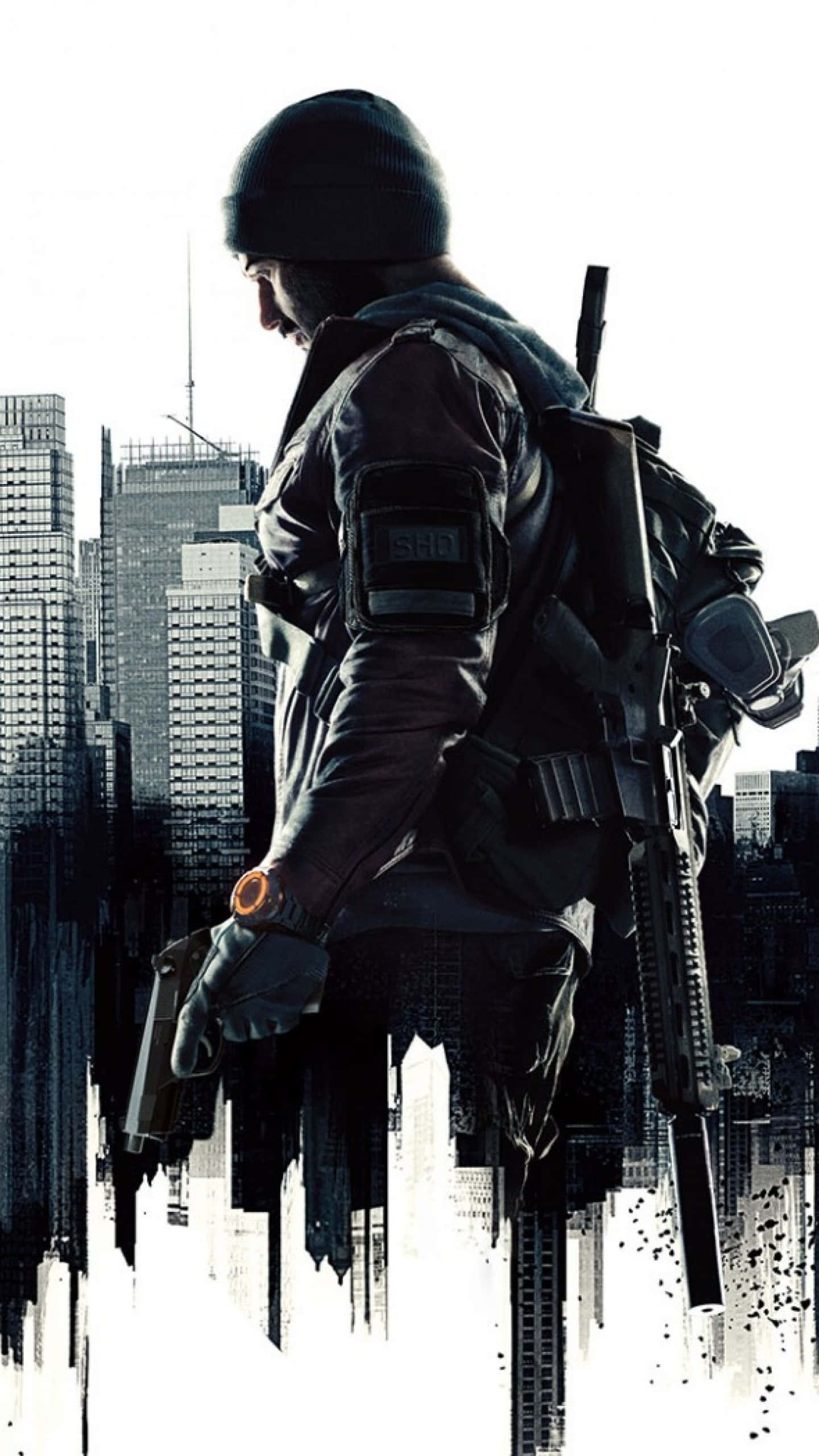 Aaron Keener Android The Division 背景 壁紙 — 一名身穿戰術裝備的士兵在簡潔的城市天際線襯托下呈現剪影，手持一把帶有發光橙色手槍。