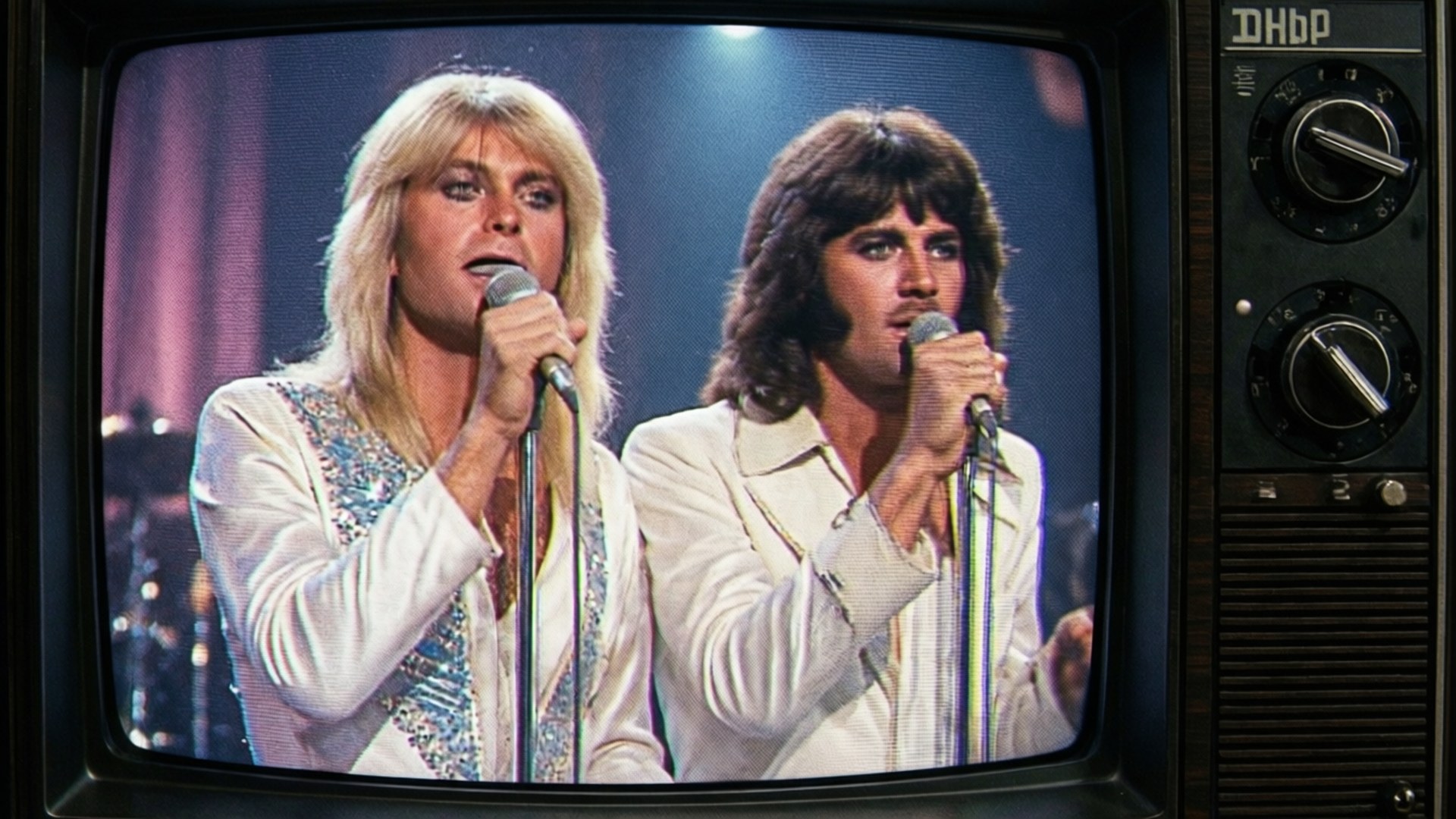 ABBA 1974歐洲歌唱大賽 壁紙 — 兩位身穿白色70年代服裝的男歌手透過舊式顯像管電視屏幕在舞台上表演。