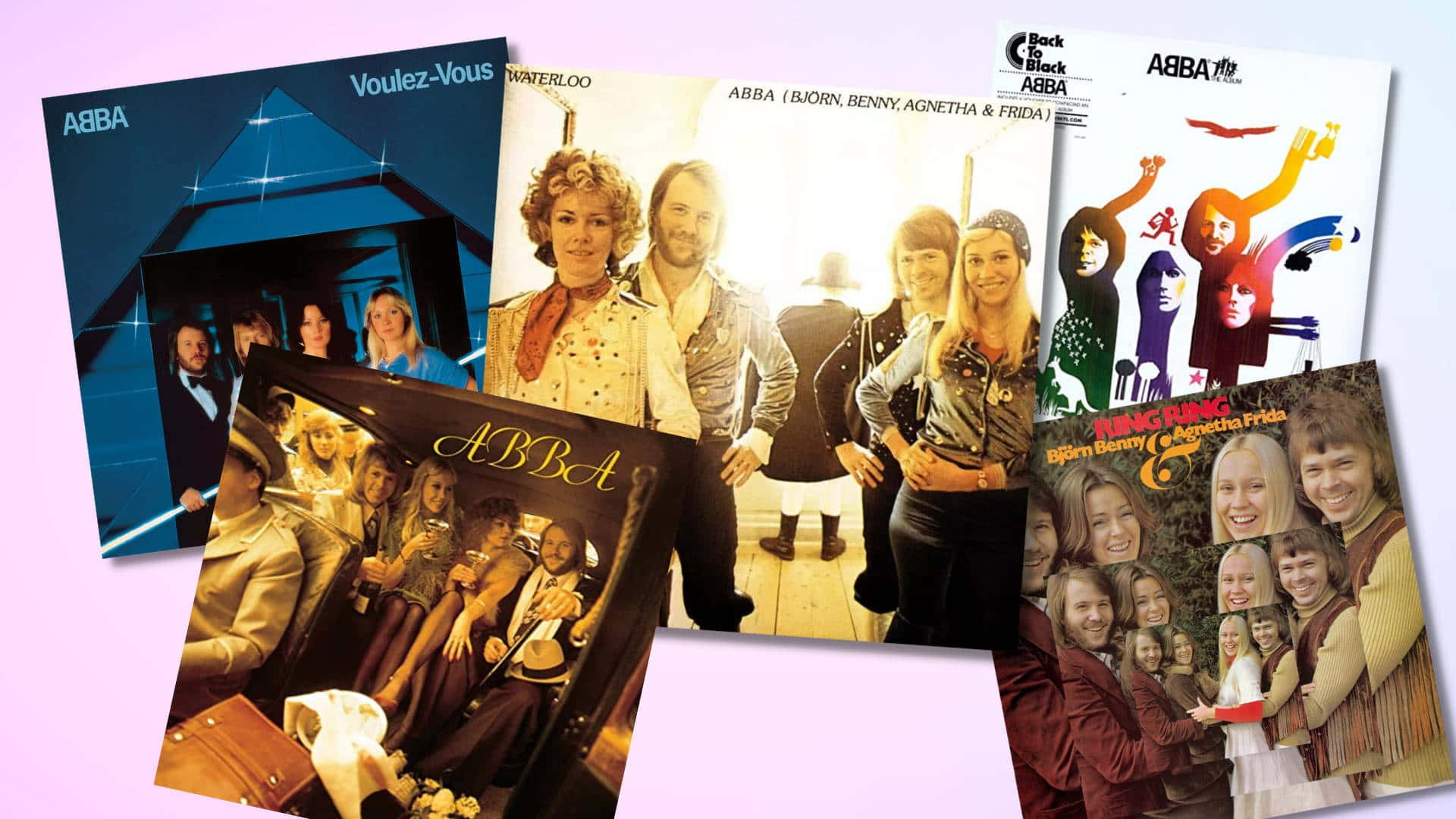 ABBA - 70年代傳奇流行樂團 壁紙 — ABBA 標誌性專輯封面的鮮豔拼貼畫，展示了他們色彩繽紛的70年代流行人物形象和時尚的團體照片。