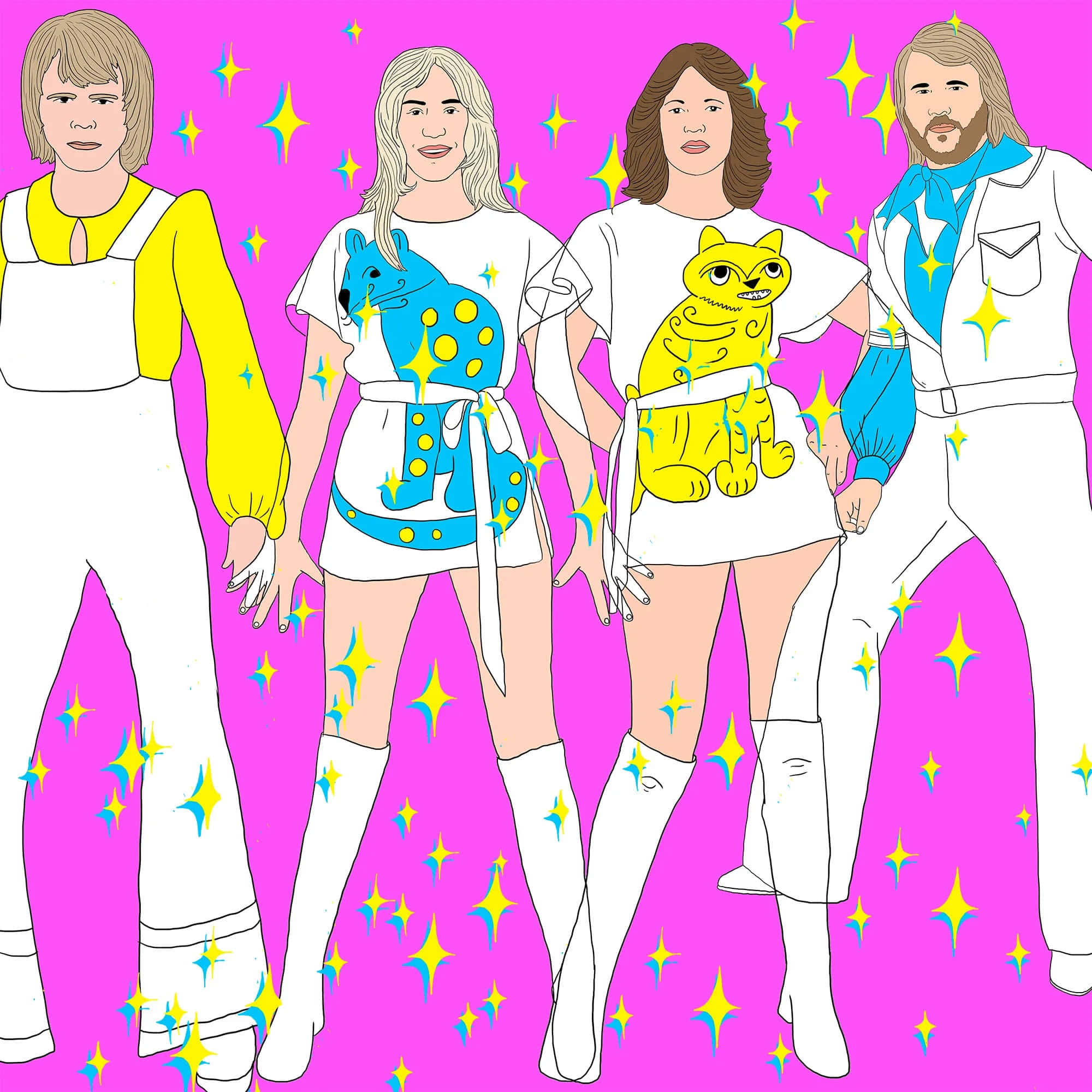 享受 ABBA 這場流行音樂現象 壁紙 — 四個風格化的人物穿著白色服裝，帶有貓圖案，站在充滿黃色和藍色星星的鮮豔粉紅色背景前。
