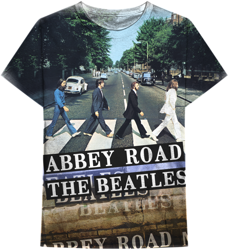 披頭四《Abbey Road》T恤設計 壁紙 — 四名身穿西裝的男子在艾比路（Abbey Road）的斑馬線上過馬路，街道兩旁有復古汽車和樹木。