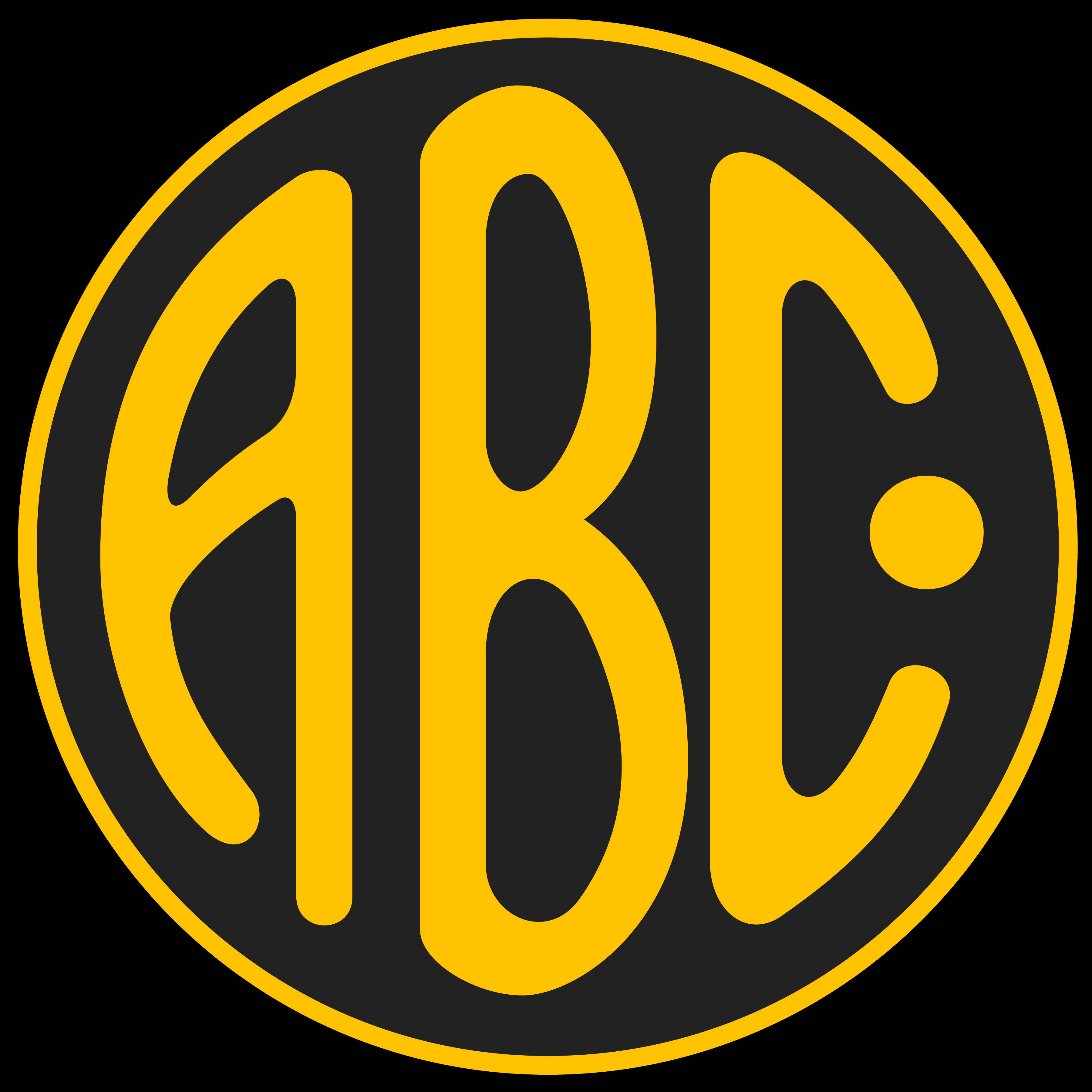 ABC黑黃風格化字母 壁紙 — 在黑色背景上的圓形標誌中，粗體黃色ABC字母。