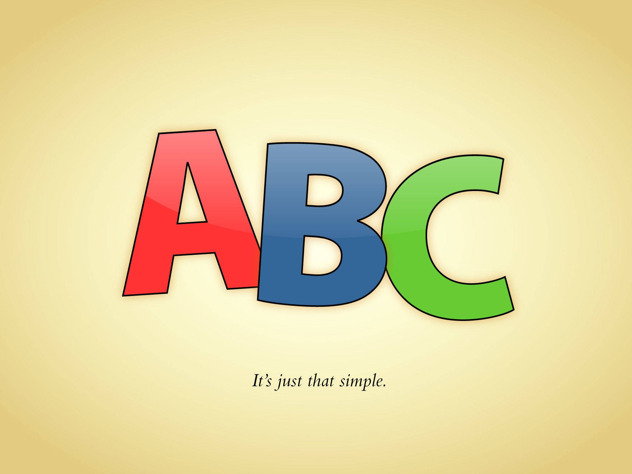 ABC 就是這麼簡單 壁紙 — 大膽多彩的ABC字母在柔和的黃色漸變背景上發光，下方有簡單的標語。