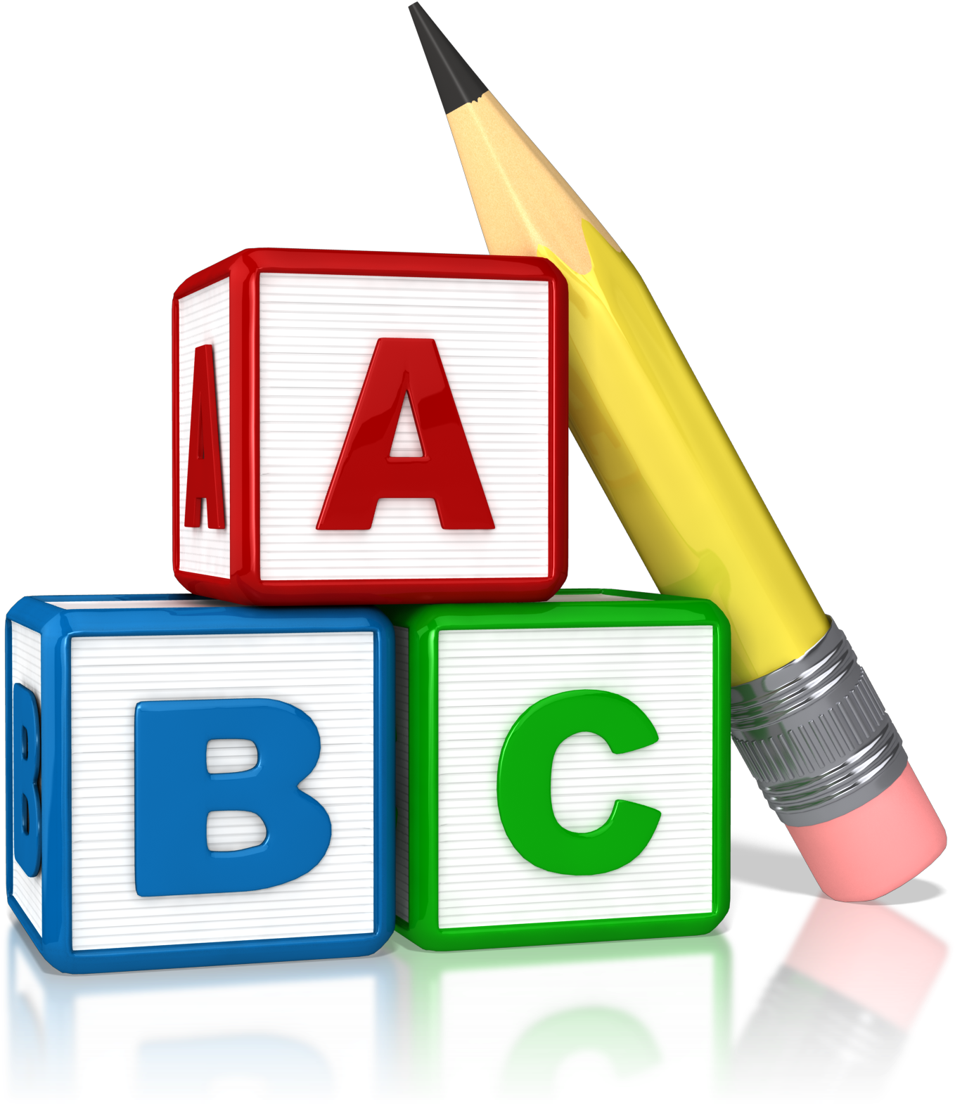 ABC積木與鉛筆 壁紙 — 三個色彩繽紛的字母積木，上面有A B C字母疊在一起，一支黃色鉛筆靠在它們旁邊，放在反光的黑色表面上。