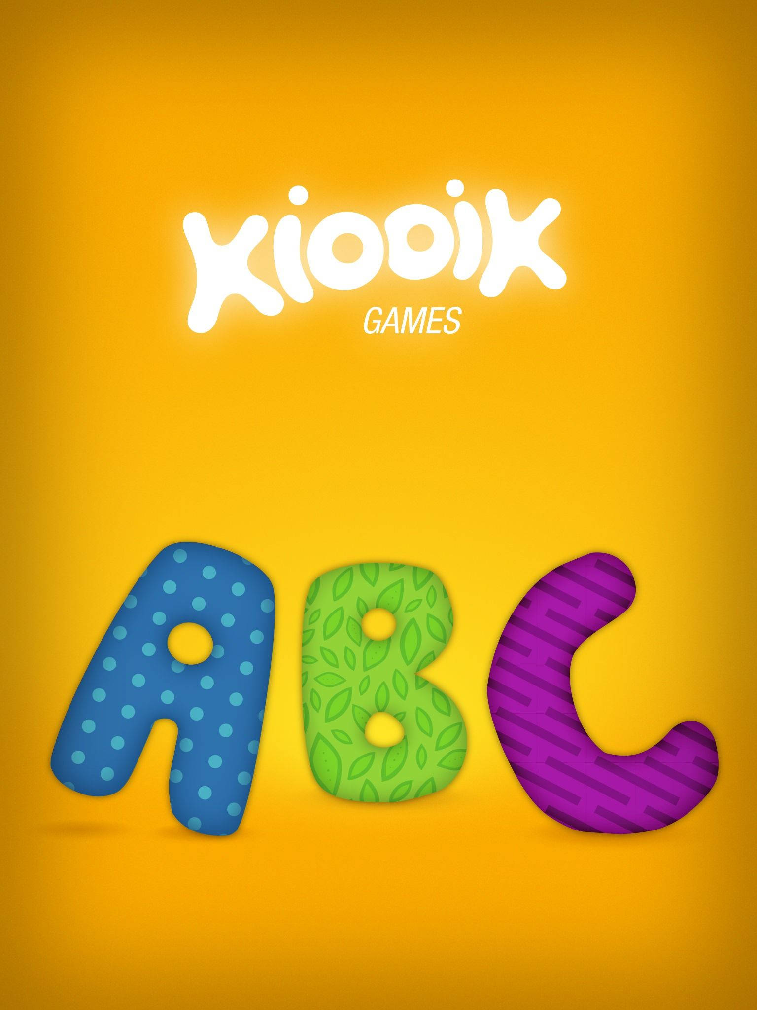 ABC字母對比色 壁紙 — 充滿活力的3D字母ABC帶有俏皮圖案，在'Kiooik Games'標誌下的純黃色背景上發光。