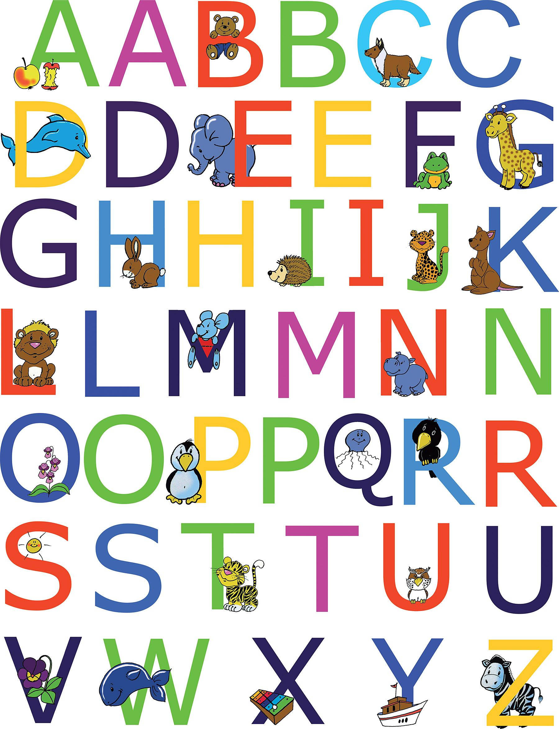 ABC動物與物品對照圖 壁紙 — 色彩繽紛的英文字母 A 到 Z，每個字母都配對一個卡通動物或物品，以有趣的教學佈局呈現。