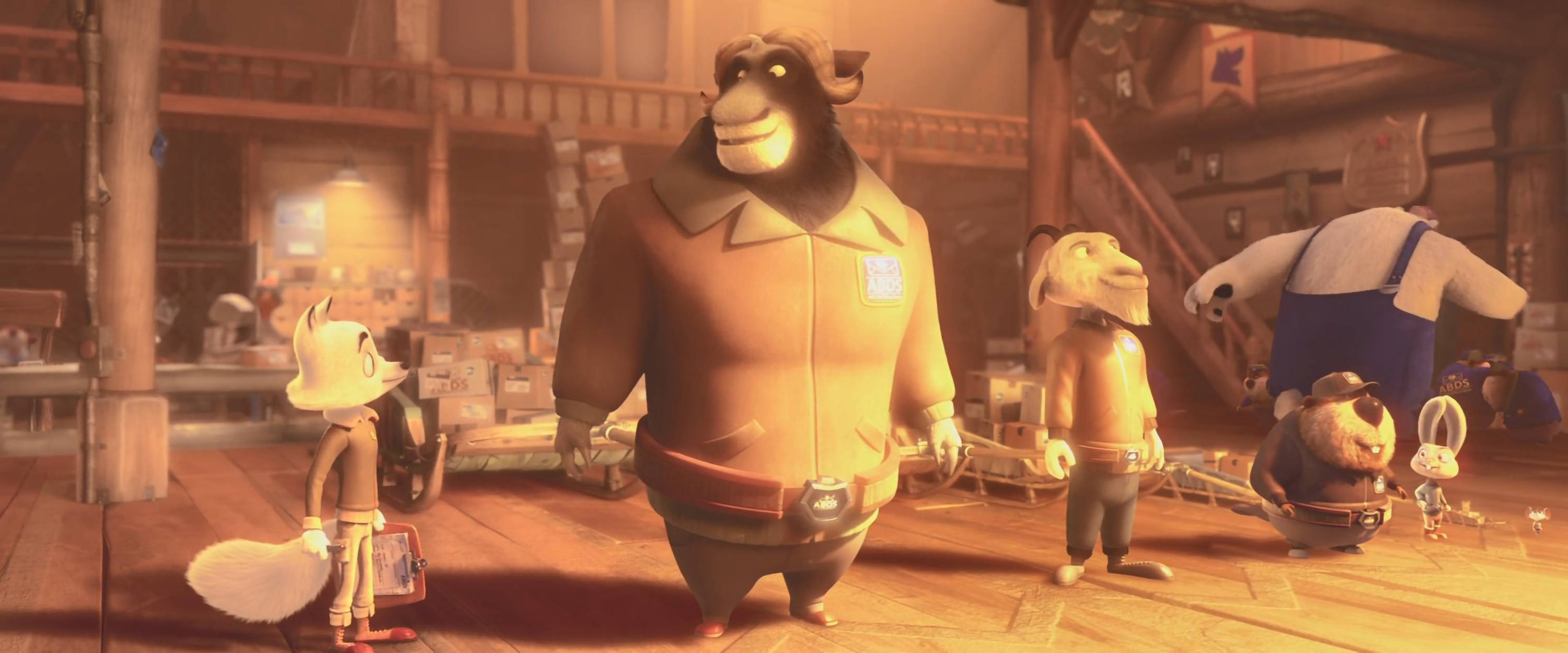 《極地正義》ABDS新兵 壁紙 — 一個溫暖照明的動畫倉庫場景，擬人化動物角色在舒適的工業環境中互動。
