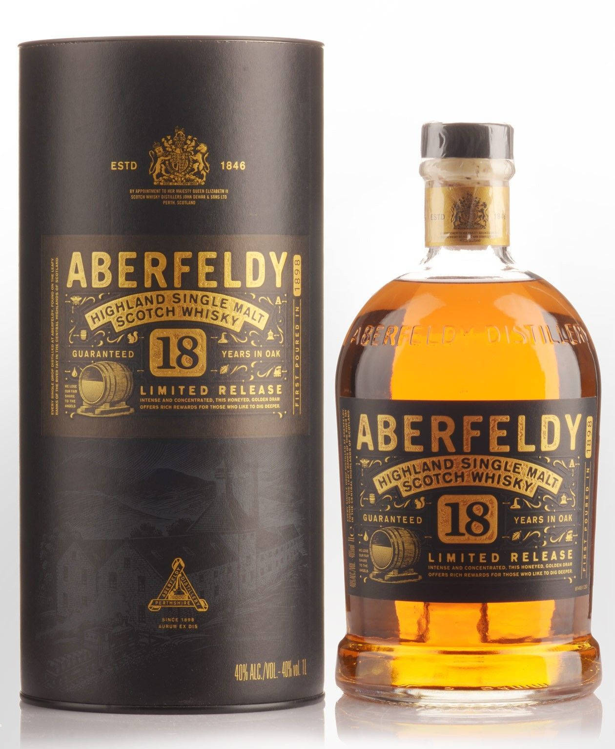 Aberfeldy 18年單一麥芽蘇格蘭威士忌酒瓶及包裝。