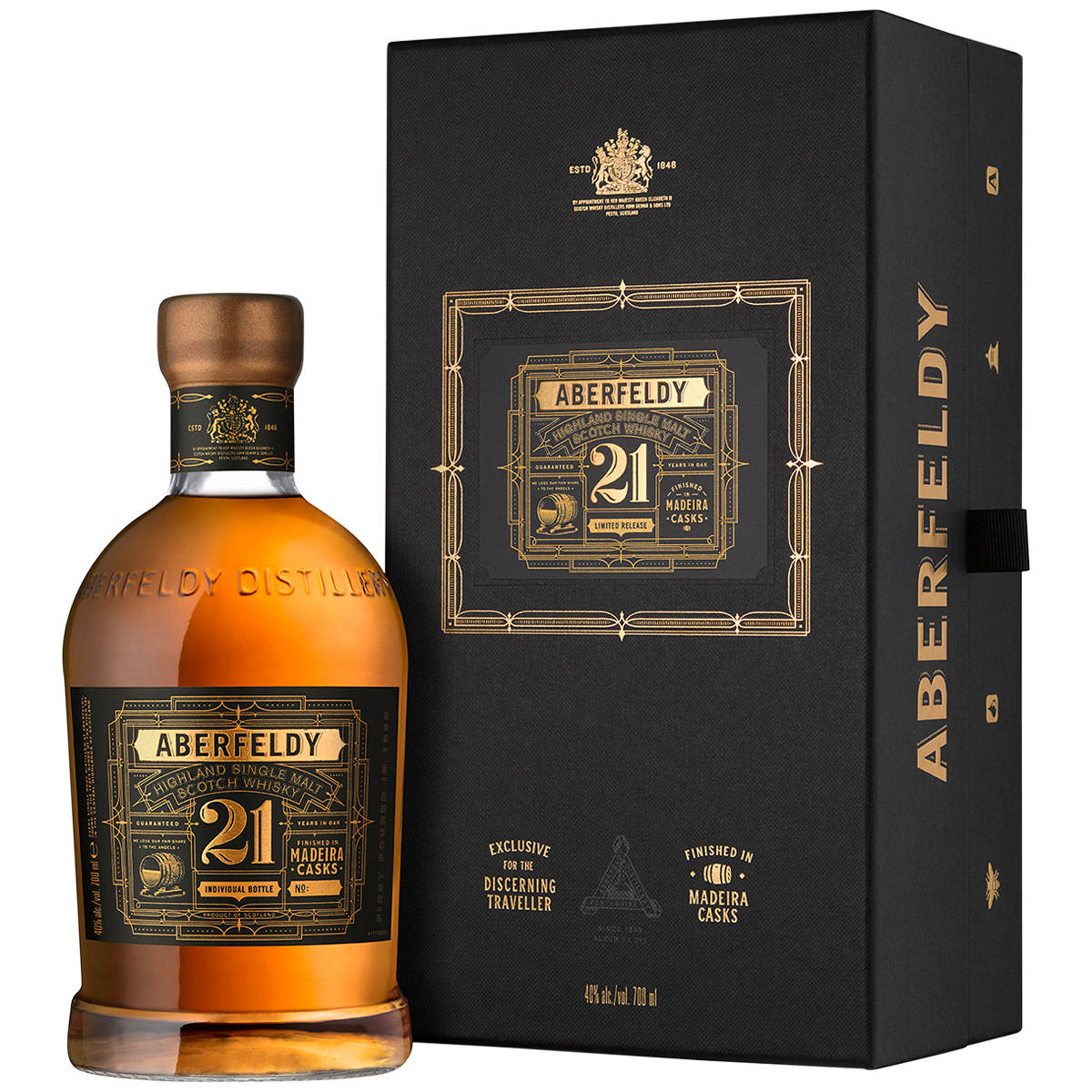 Aberfeldy 21年威士忌酒瓶和帶有金色細節的黑色禮盒。