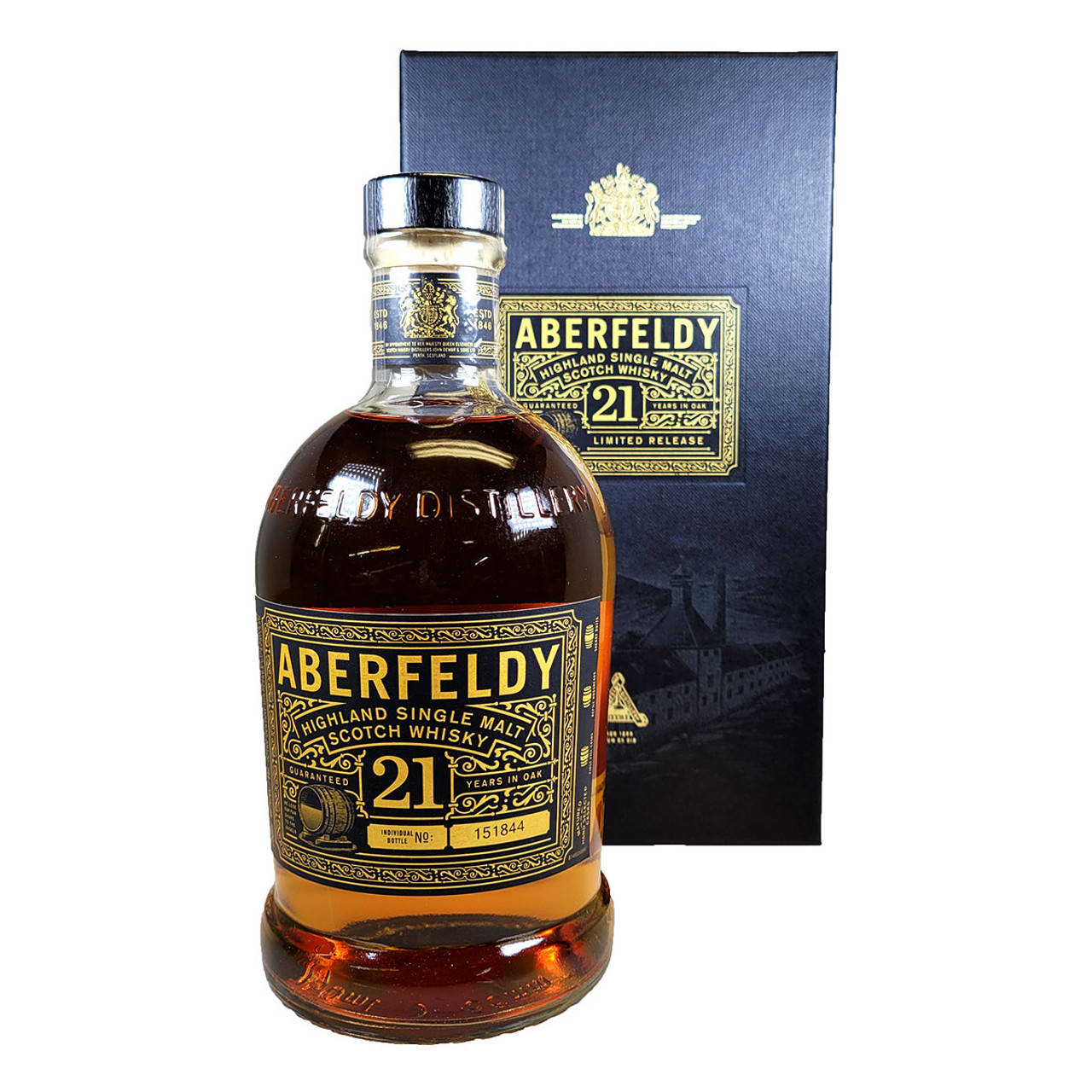 Aberfeldy 21年單一麥芽威士忌酒瓶和禮盒，帶有金色細節。
