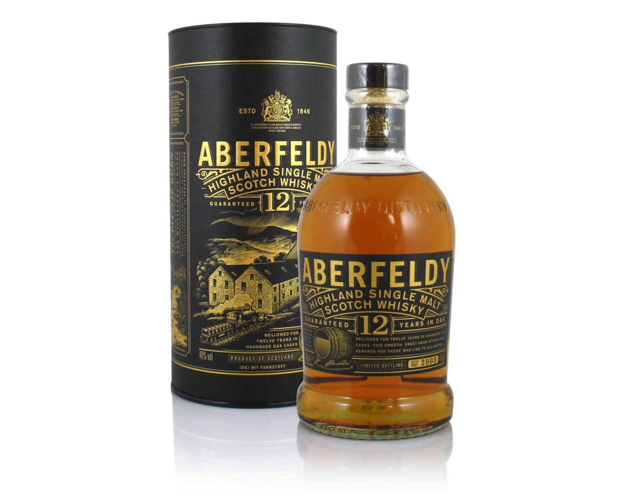 Aberfeldy高地單一麥芽蘇格蘭威士忌12年 壁紙 — Aberfeldy 12年高地單一麥芽蘇格蘭威士忌酒瓶和黑色禮盒管立在反光的白色表面上。