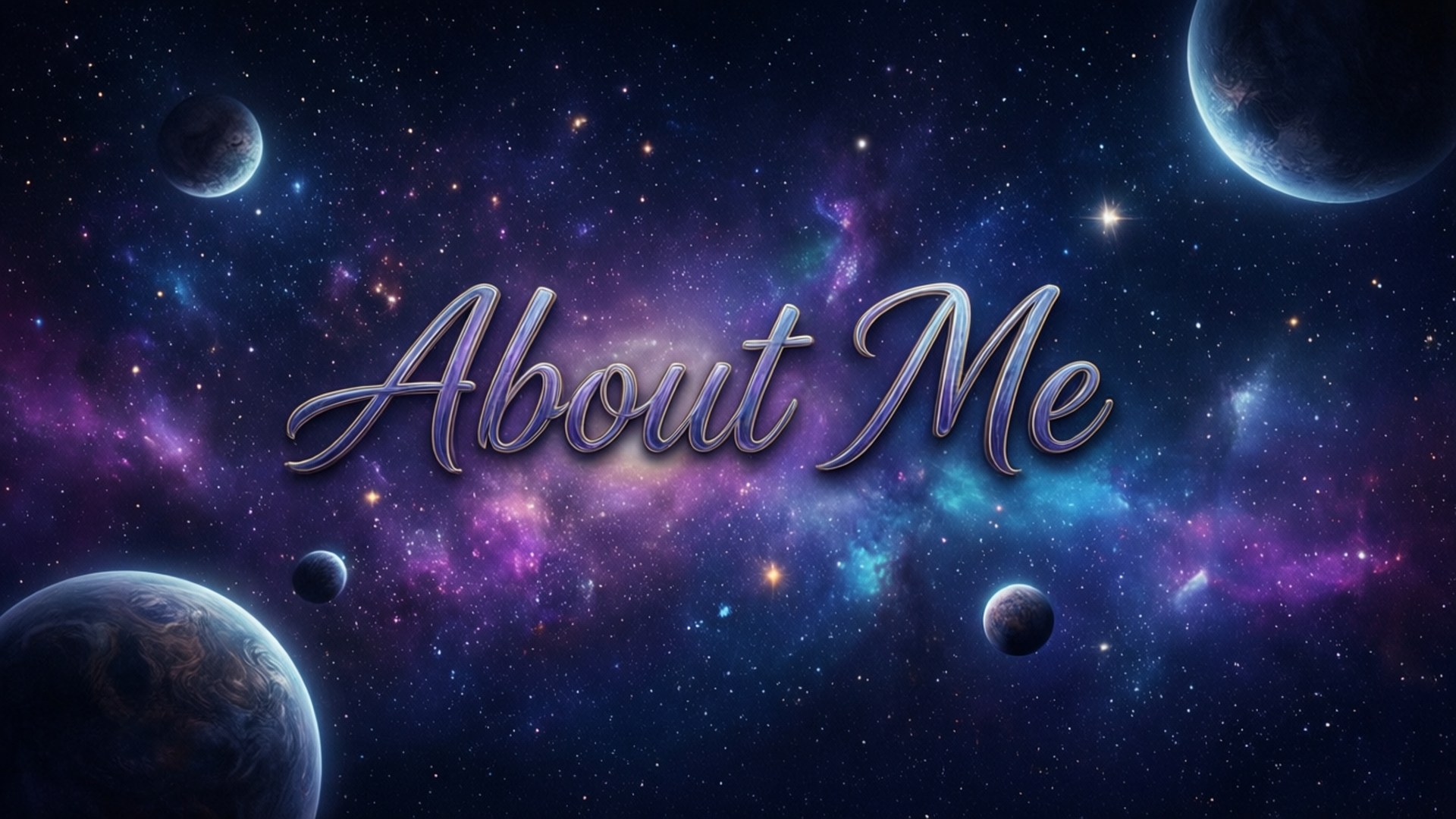 桌布 壁紙 — 「About Me」呢幾個字漂浮喺一個充滿活力嘅宇宙場景入面，有發光嘅星雲同行星，背景係繁星點點嘅夜空。