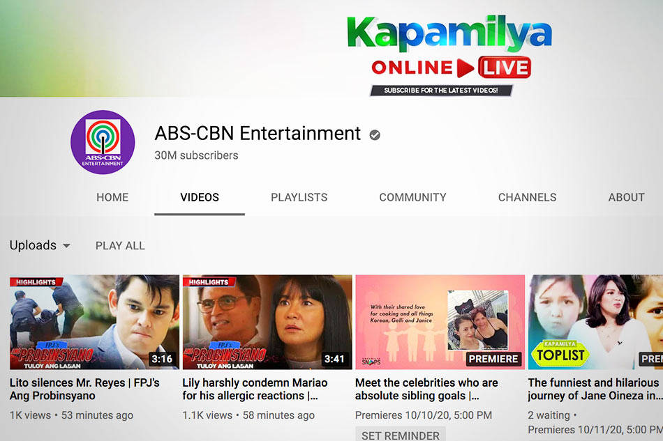 ABS-CBN Entertainment 的 YouTube 頻道首頁，帶有名人影片縮圖。