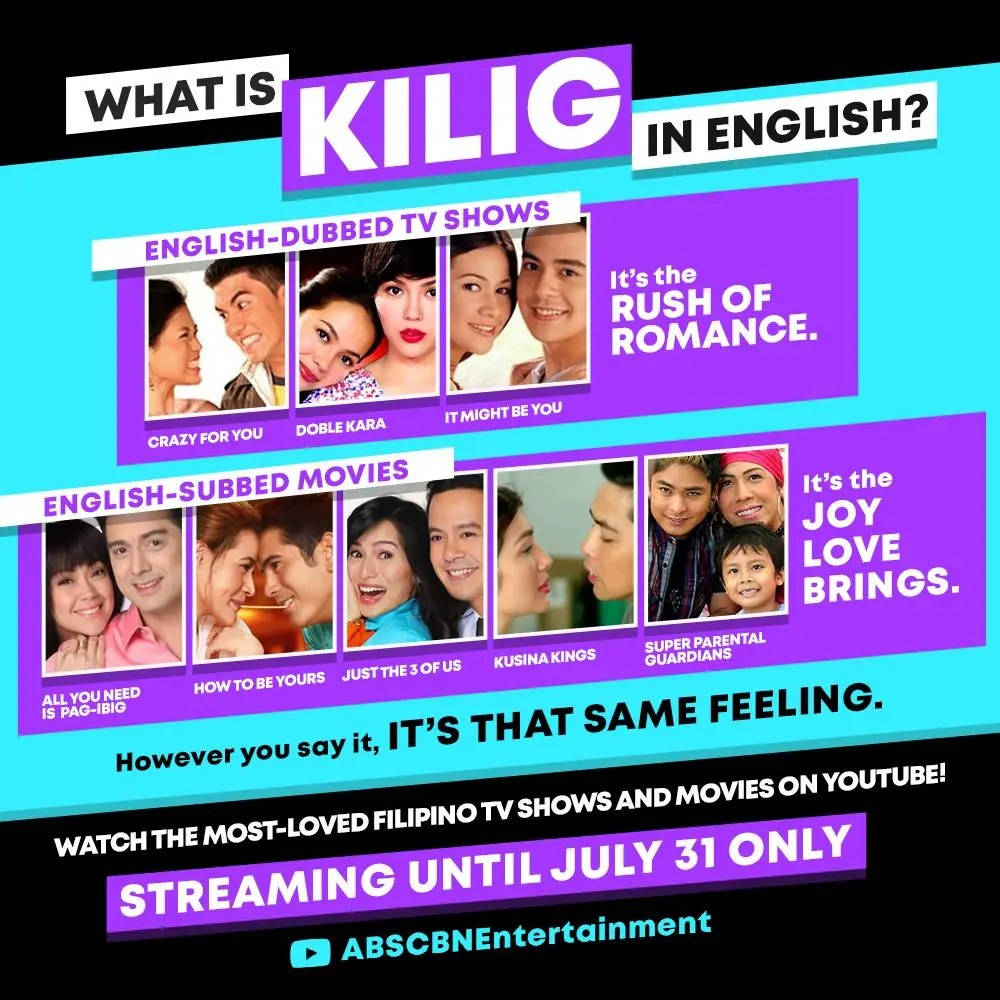 菲律賓電視節目和電影的宣傳圖形，包含微笑的情侶和關於「kilig」的文字。