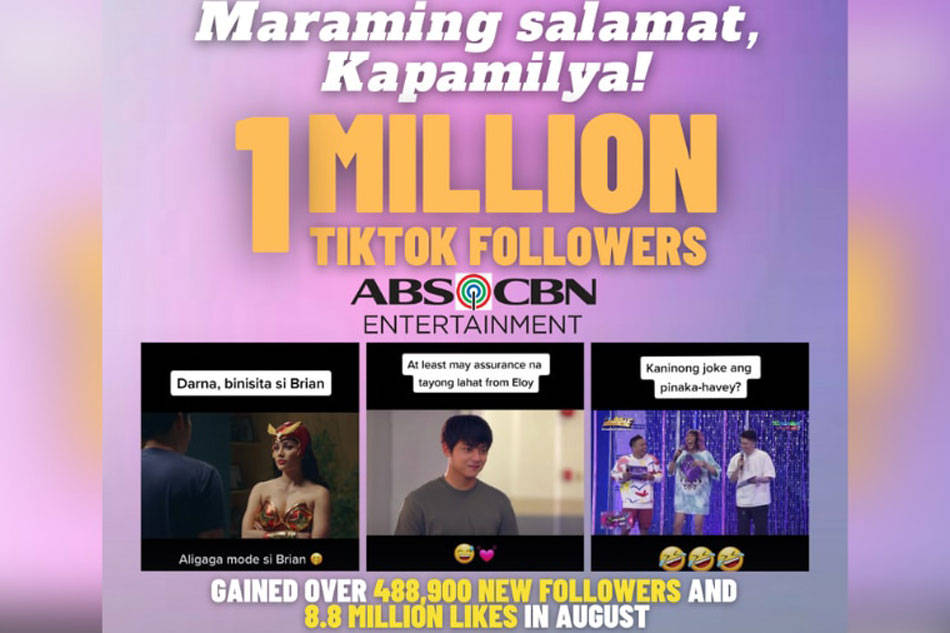ABS CBN Entertainment 達到 TikTok 100 萬粉絲的慶祝圖形，附有視頻剪輯。
