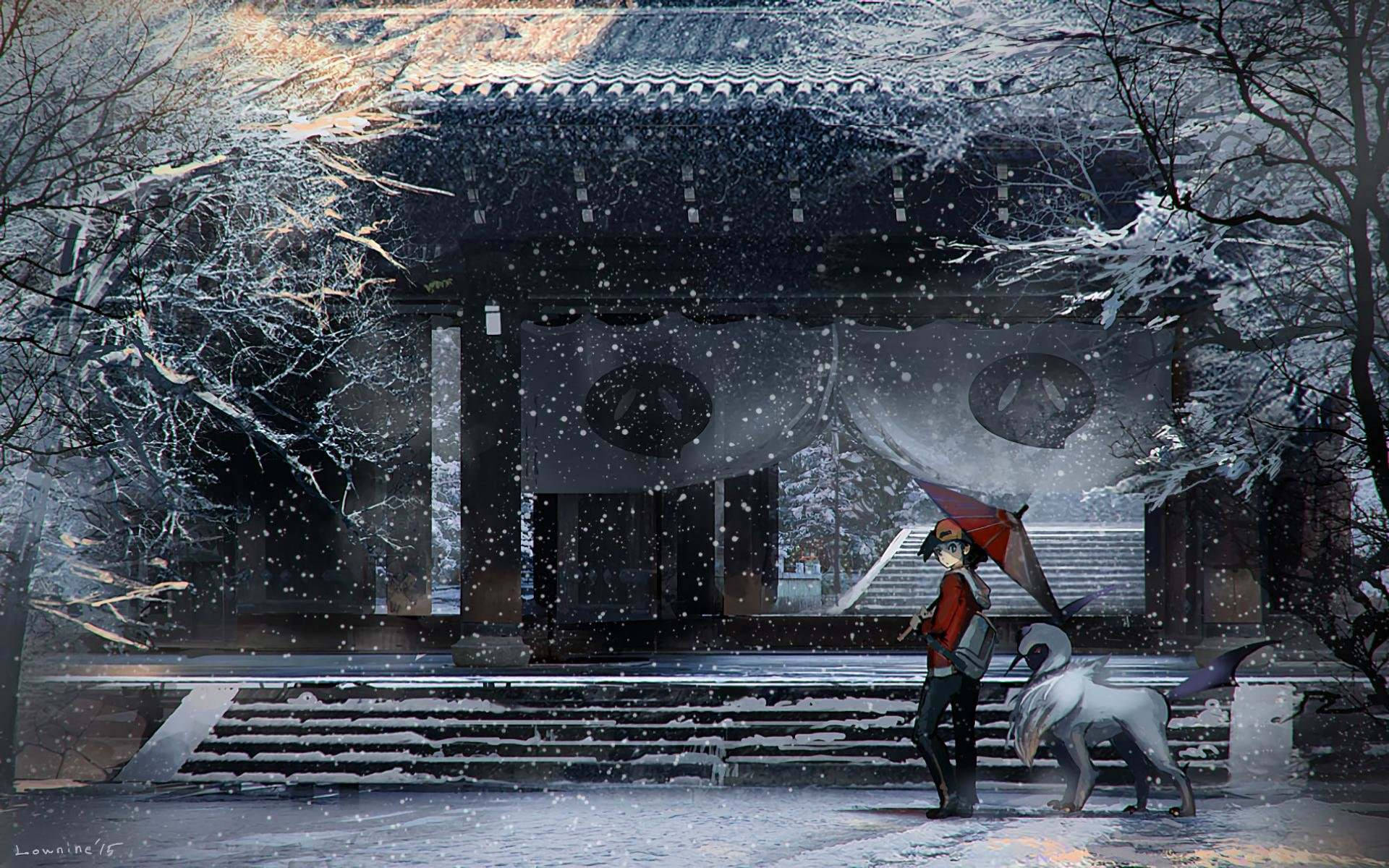 Absol 在雪天廟宇外與訓練家同行