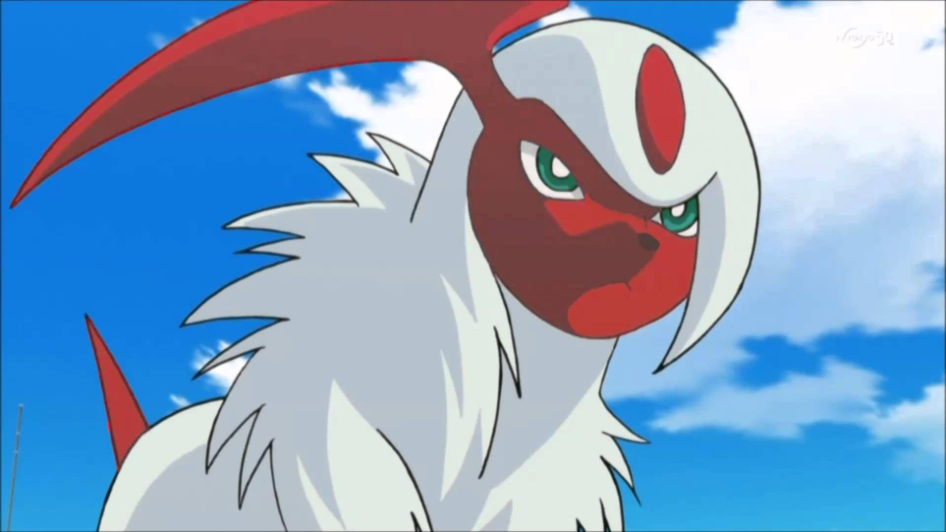閃亮 Absol 壁紙 — 一隻兇猛的白紅相間、綠色眼睛的動漫生物，在藍天白雲下凝視著。