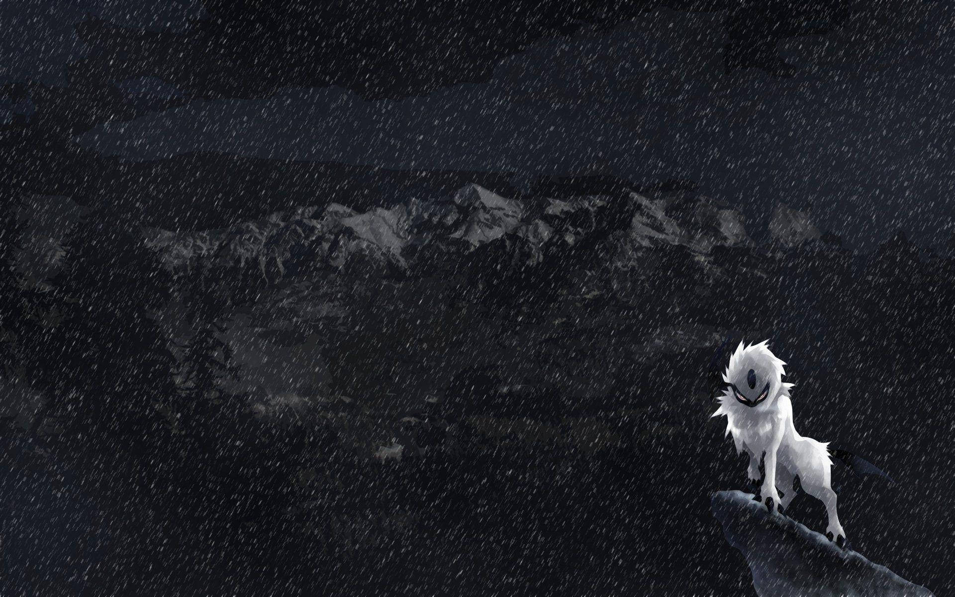 白狼站在雪崖上，背景是黑暗暴風雨的山景