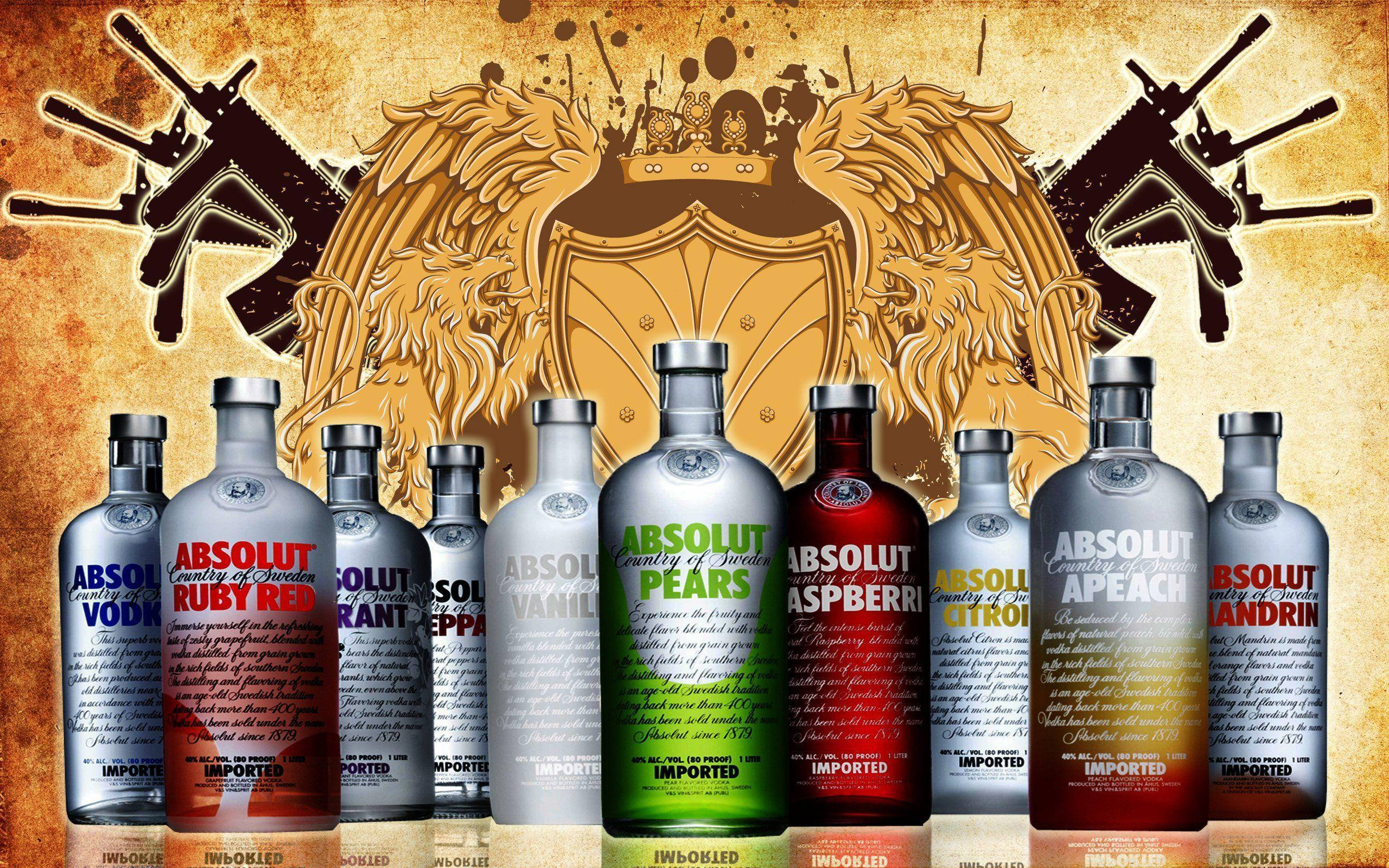 標題：高級Absolut伏特加酒瓶展示於紋章之上 壁紙 — 一排不同口味的Absolut伏特加酒瓶，立於金色紋章盾牌前，兩側有交叉步槍，背景帶有紋理。