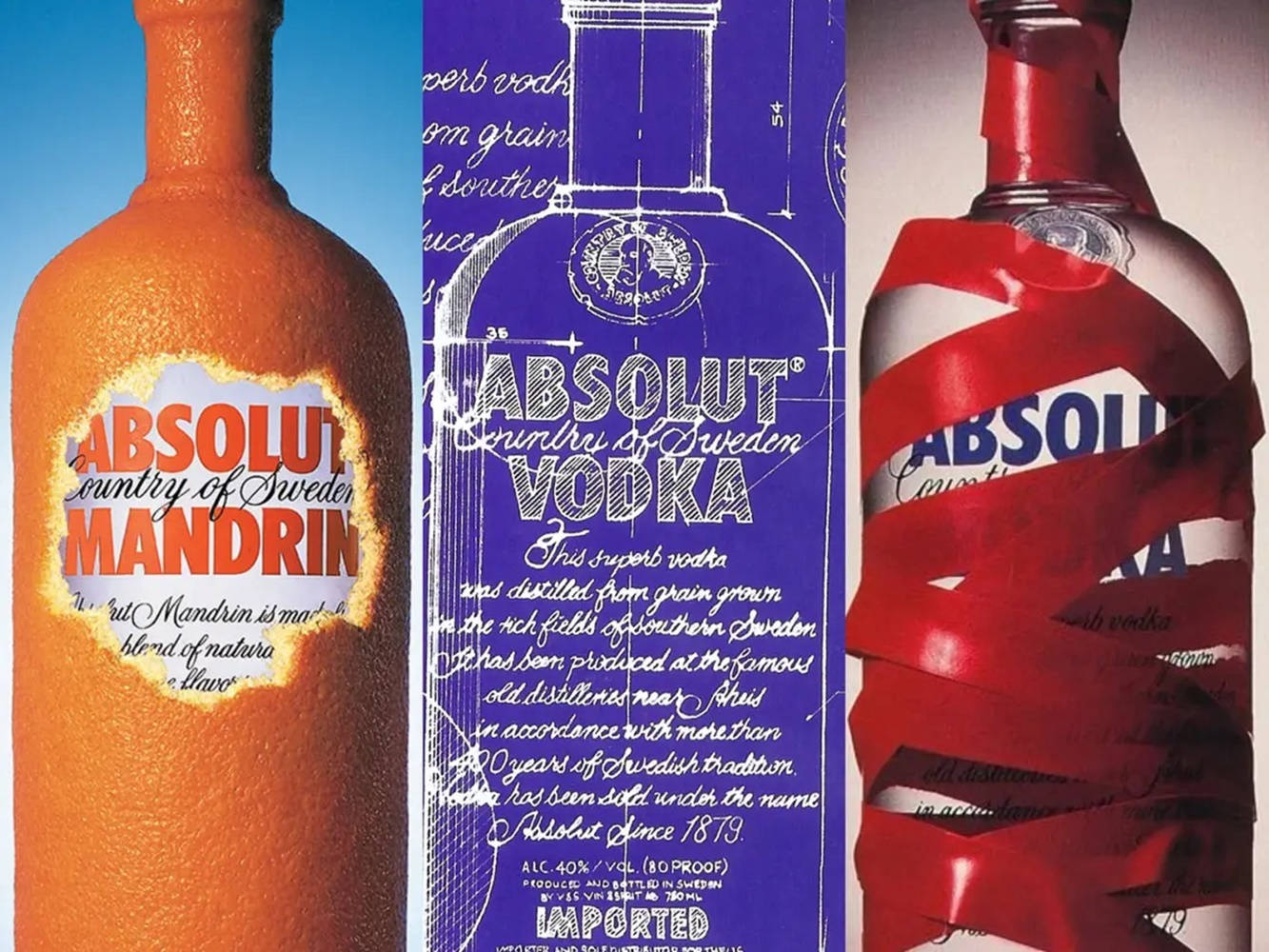 三個Absolut伏特加酒瓶，採用橙色柑橘、藍色藍圖和紅色絲帶設計。