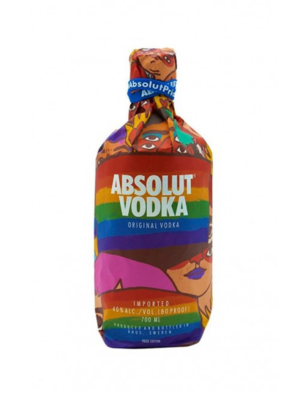 一個彩虹色的Absolut Vodka酒瓶，帶有Pride Edition品牌標誌和風格化的面孔。