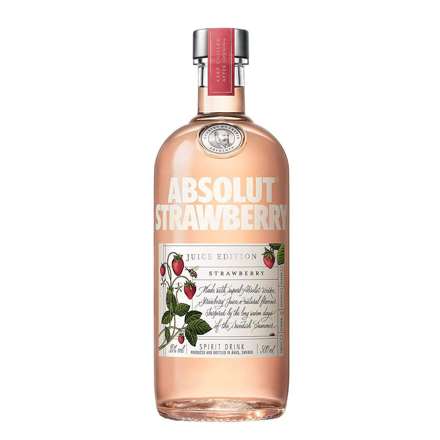 帶有草莓設計和紅色封條的Absolut Strawberry伏特加酒瓶。