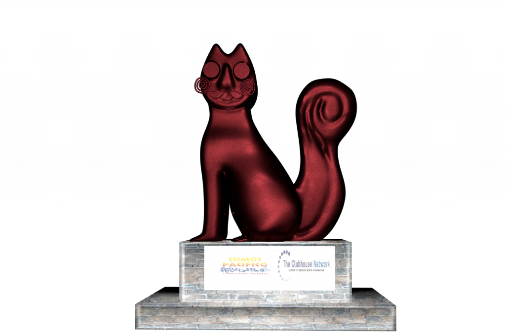 Abstract Cat Sculpture Award 壁紙 — 一個有光澤的紅色風格化貓雕塑，帶有螺旋鬍鬚和尾巴，坐在黑色背景的石柱上。
