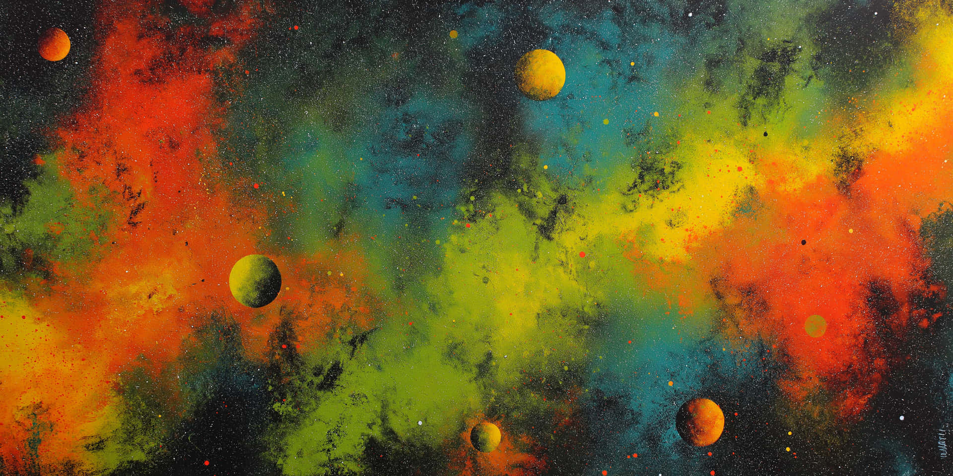 充滿活力的宇宙場景，色彩繽紛的星雲和漂浮的行星，背景是星光閃爍的黑色。