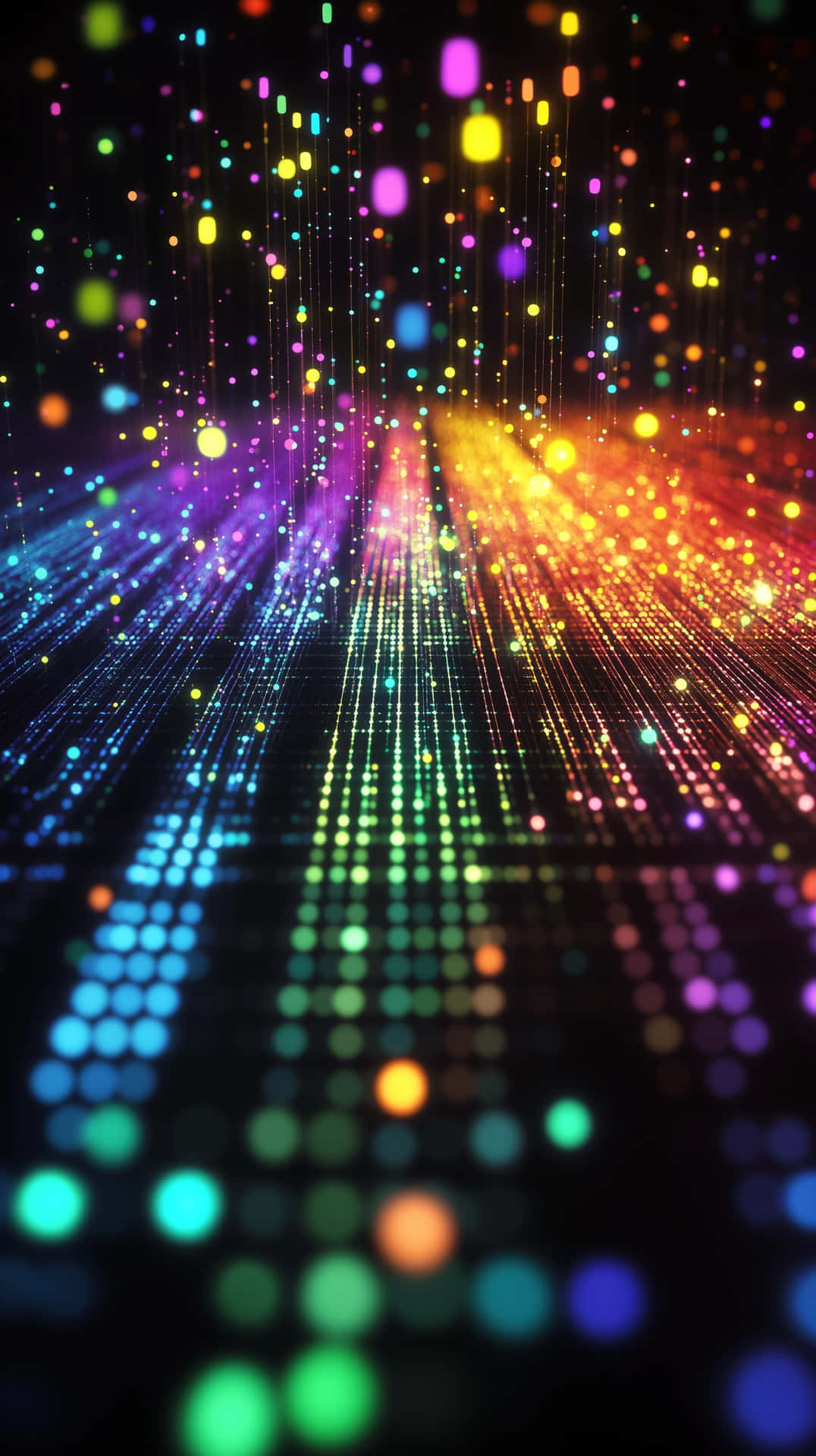Abstract digital lights in vibrant colors 壁紙 — 鮮豔的彩虹燈光沿著黑暗的數碼隧道傾瀉而下，形成發光的條紋和散景球體。