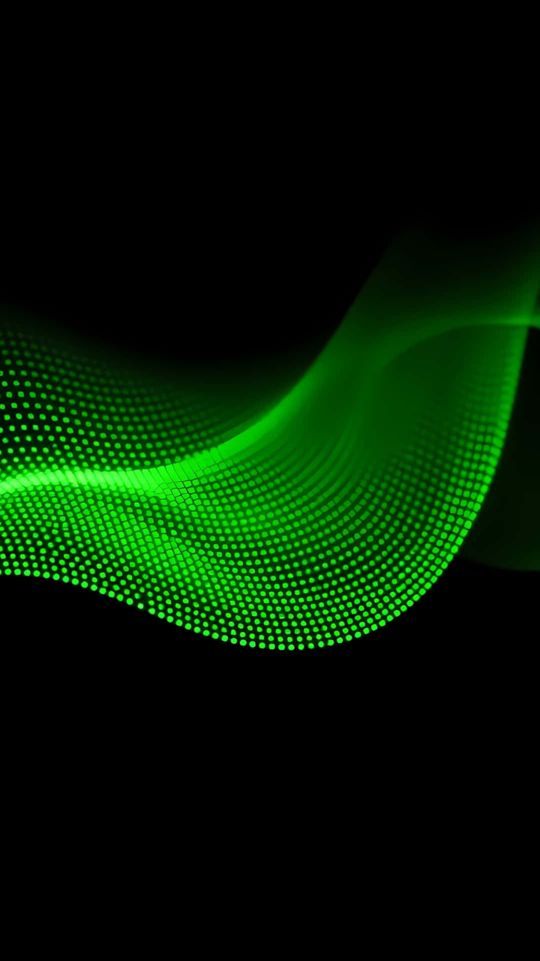 Abstract Green Digital Wave Particles 壁紙 — 由發光點組成的明亮綠色波浪在深黑色背景上優雅地流動。