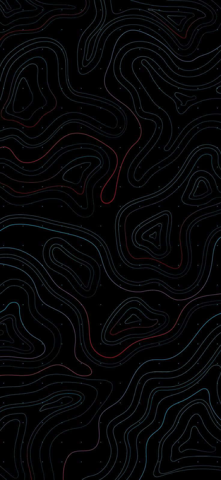  壁紙 — 在星空黑色背景上，發光的紅色和藍色抽象地形線條。