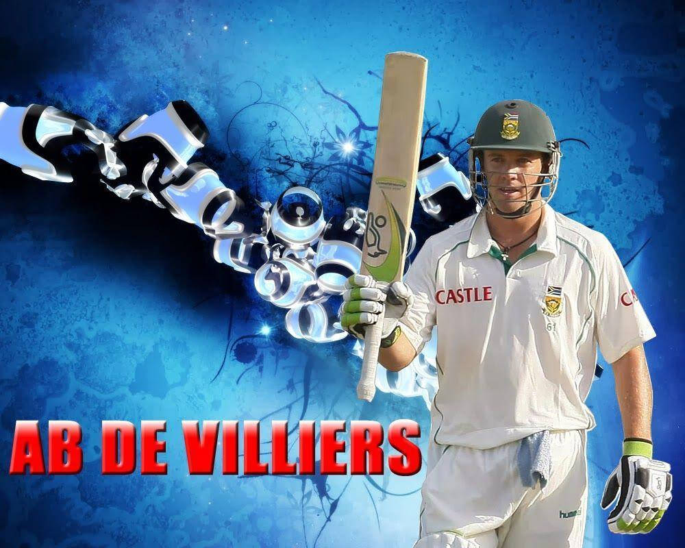 AB德維利爾斯抽象藍色背景 壁紙 — 板球運動員 AB de Villiers 身穿白色制服，手持球棒，背景為充滿活力的藍色抽象背景，帶有發光的鏈條。
