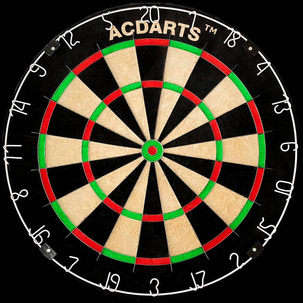 AC Darts 簡約鋒線飛鏢靶 壁紙 — 標準飛鏢靶的特寫，帶有黑色、綠色和紅色區域以及白色數字，背景為深色。