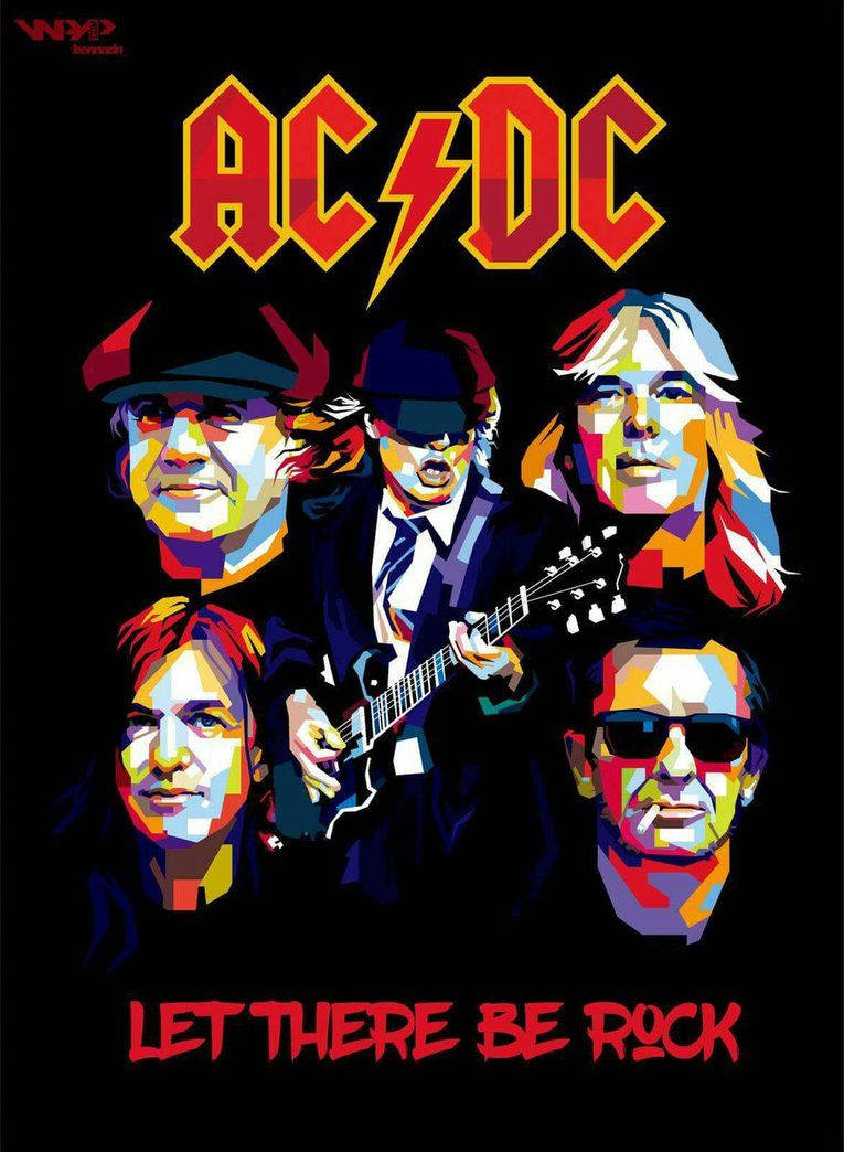 AC/DC樂隊海報，帶有色彩繽紛的風格化面孔和結他