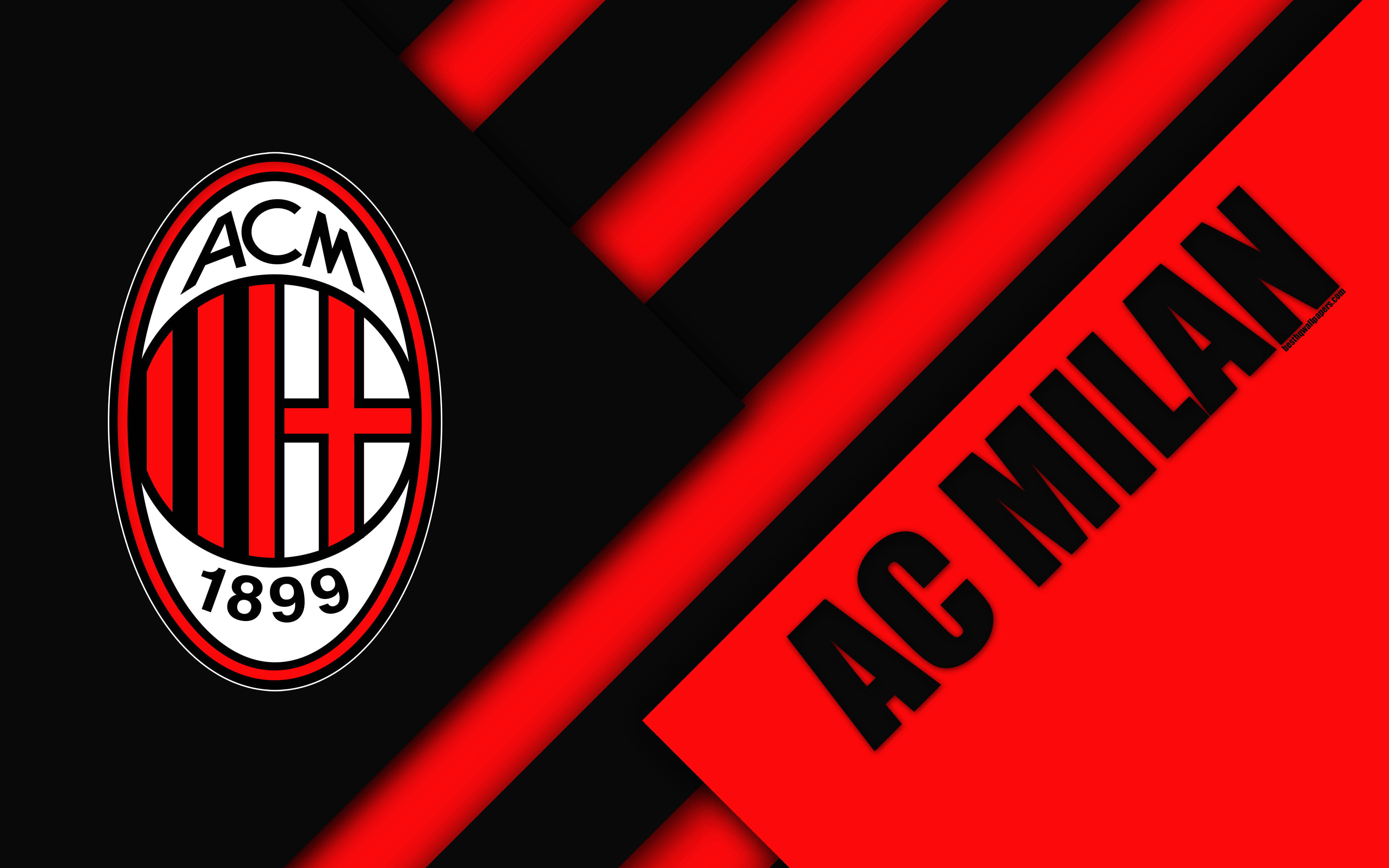 Logo 桌布 壁紙 — AC Milan 標誌，紅黑斜紋配粗體文字，動感背景。