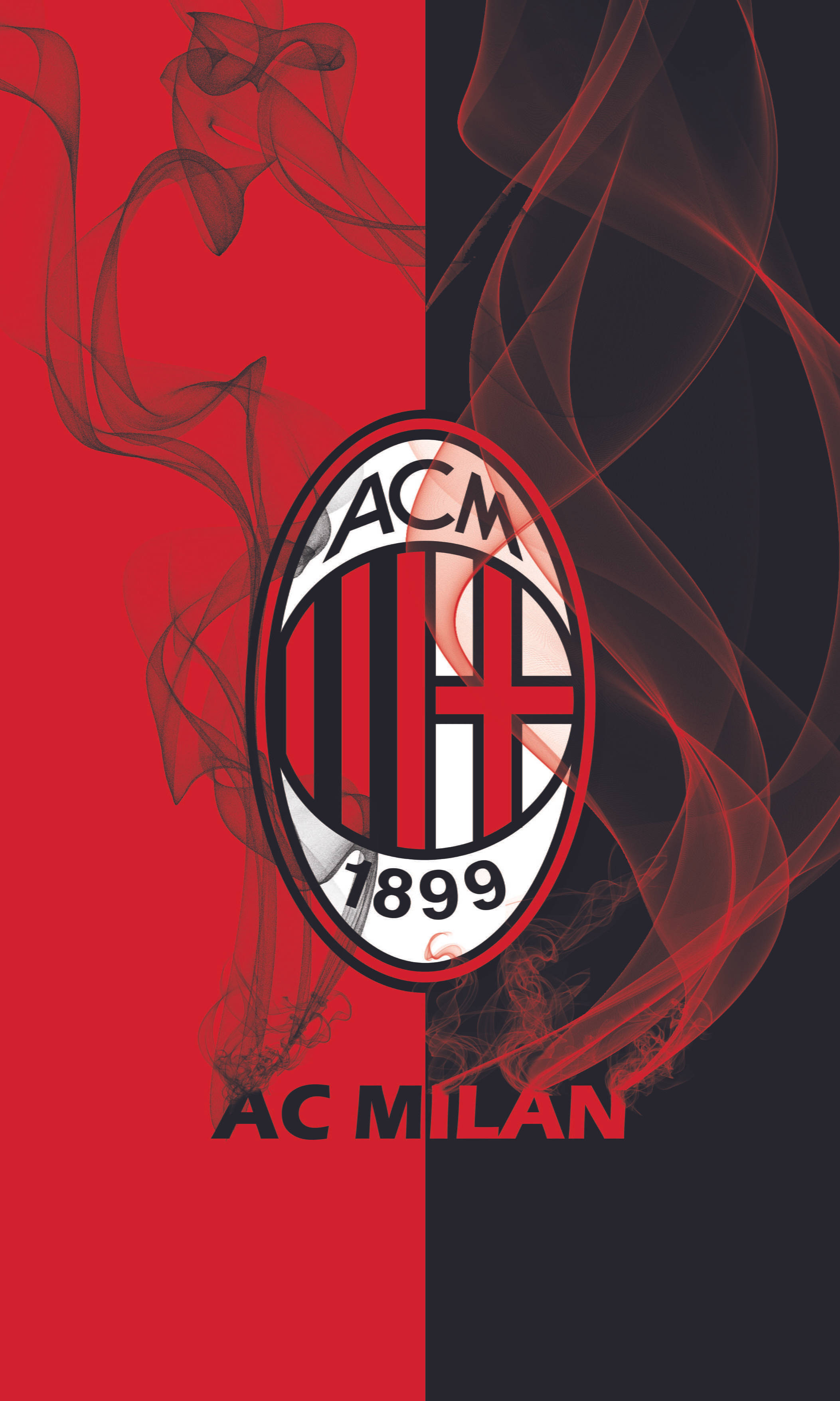 Logo 桌布 壁紙 — AC Milan 標誌居中於大膽的紅黑分割背景，帶有旋轉煙霧效果。