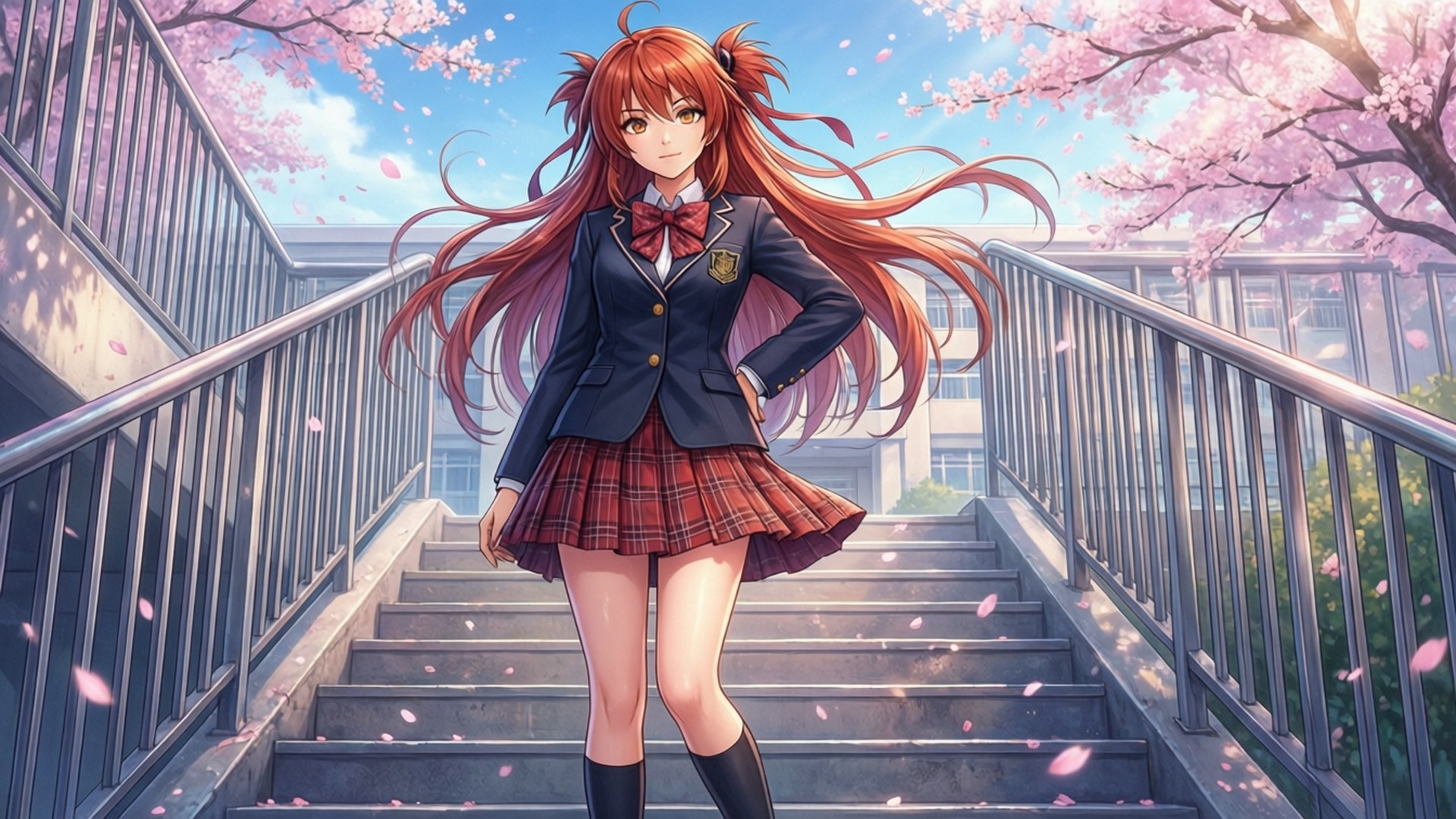 穿著校服的動漫女孩站在戶外樓梯上，櫻花飄落