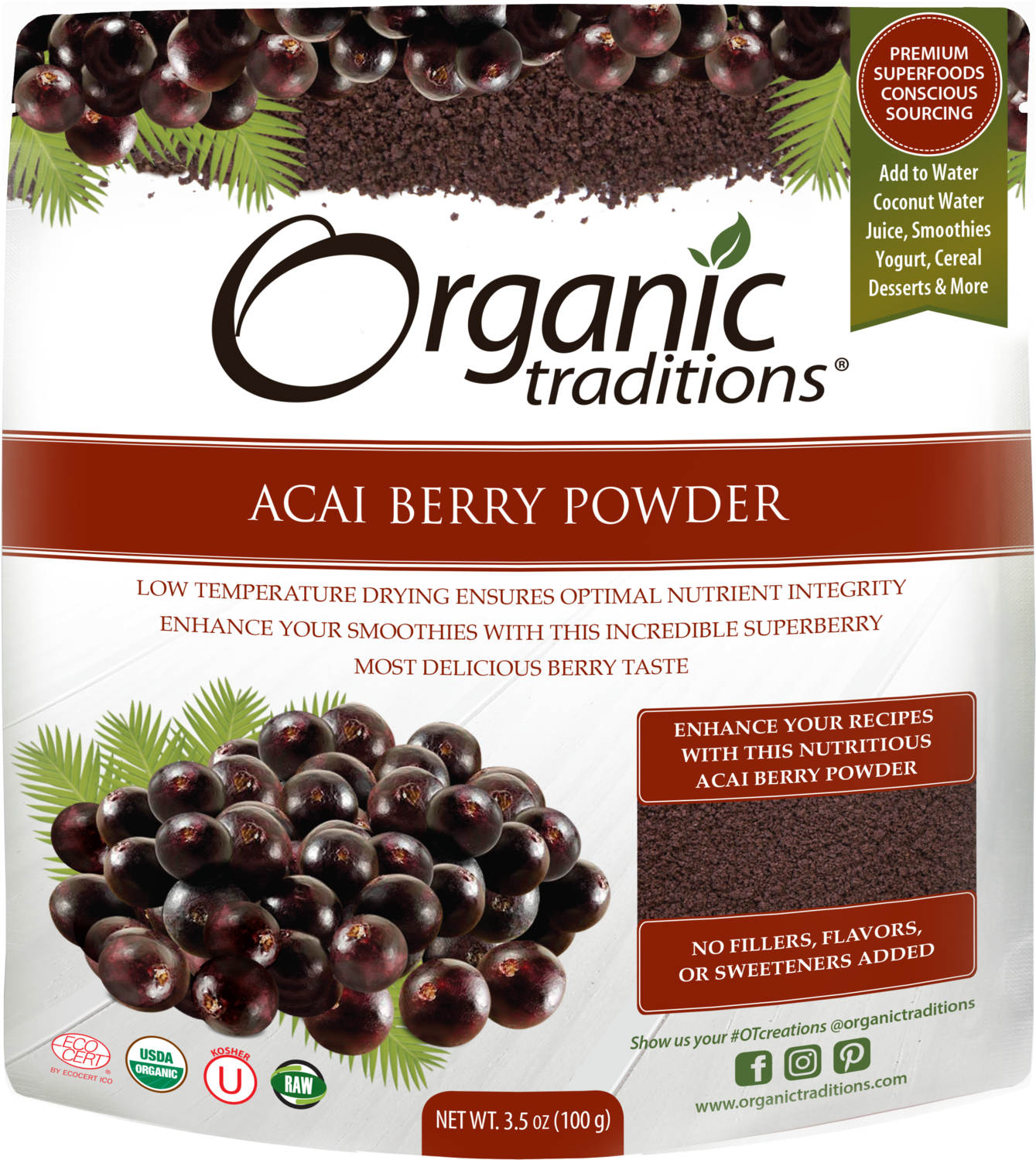 有機 açai 藍莓粉產品包裝 壁紙 — 一個充滿活力的有機巴西莓粉包裝，帶有光澤的深色莓果和綠色棕櫚葉，襯托著簡潔的白色和棕色設計。