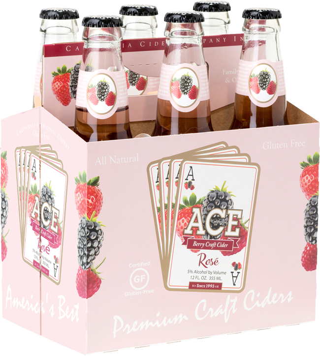 Ace Berry手工蘋果酒包裝 壁紙 — Ace Berry Craft Cider Rosé 六罐裝，粉紅色包裝，飾有草莓和黑莓圖案。
