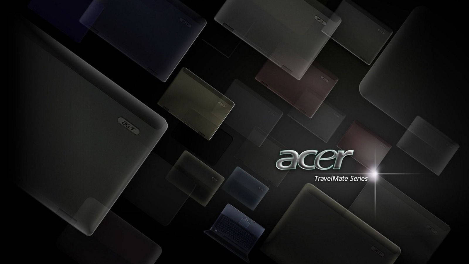 Acer TravelMate 手提電腦在黑暗空間中漂浮，帶有發光標誌。