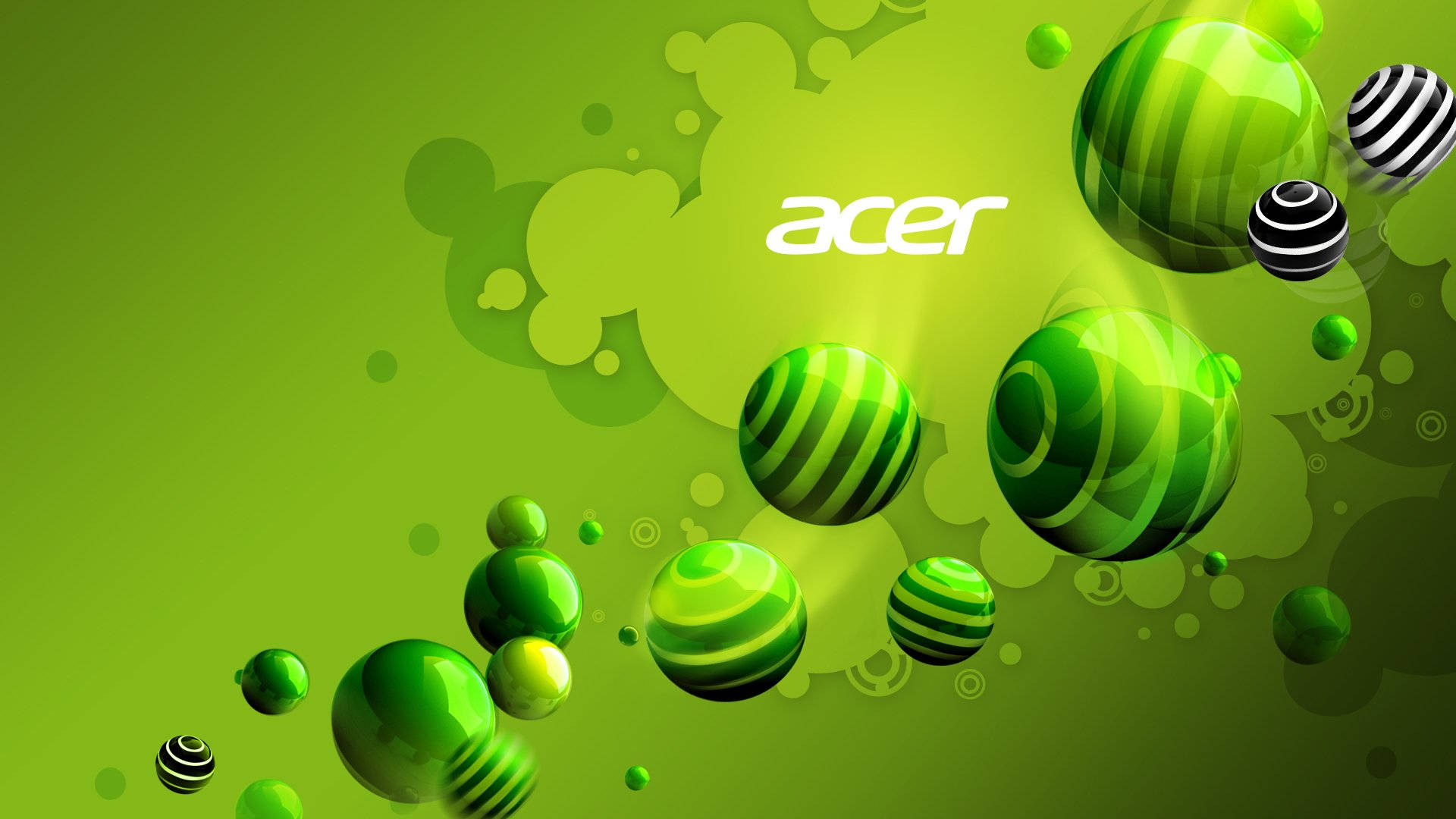 鮮豔綠白Acer標誌 壁紙 — 帶有條紋的鮮綠色球體在帶有 Acer 標誌的漸變綠色背景上動態漂浮。